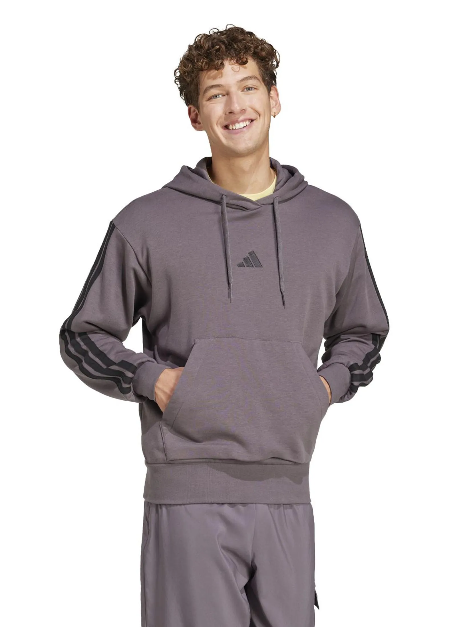 ADIDAS Men Hoodie Essentials 3-Stripes French Terry Grey Strata / Black