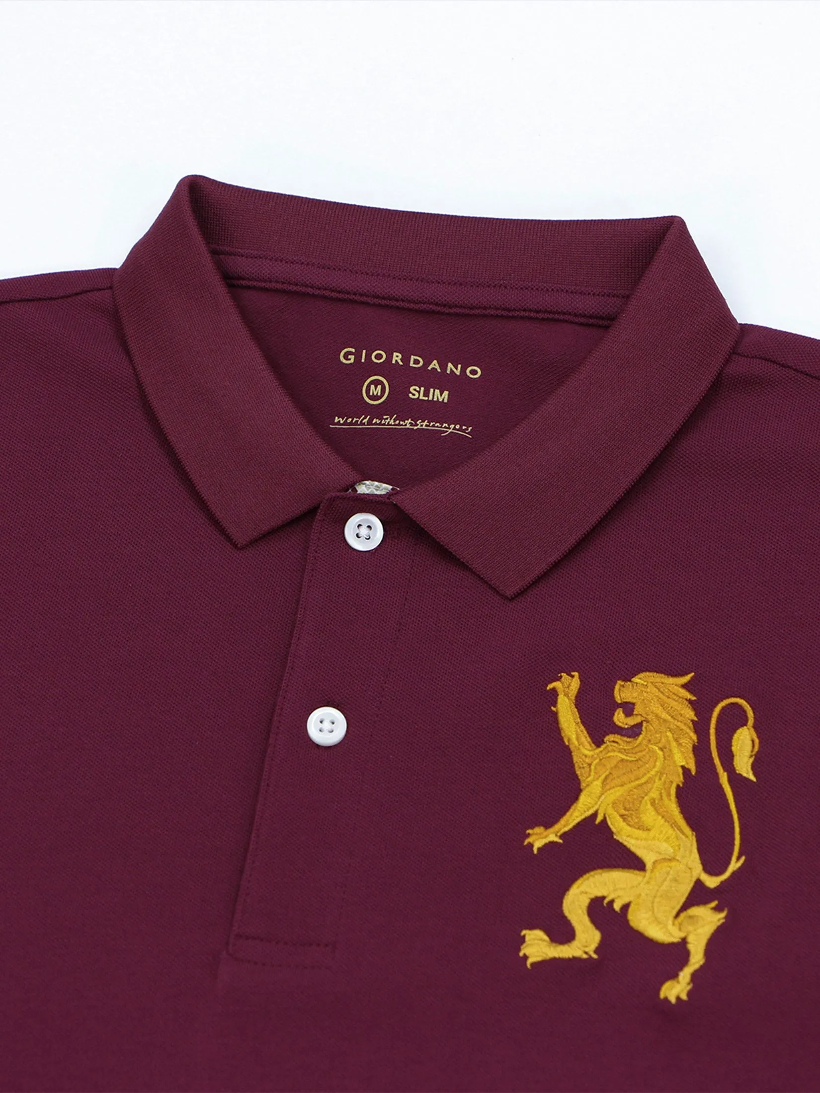 GIORDANO Men's Slim Embroidery Bold Polo (3D Lion) Burgundy Red