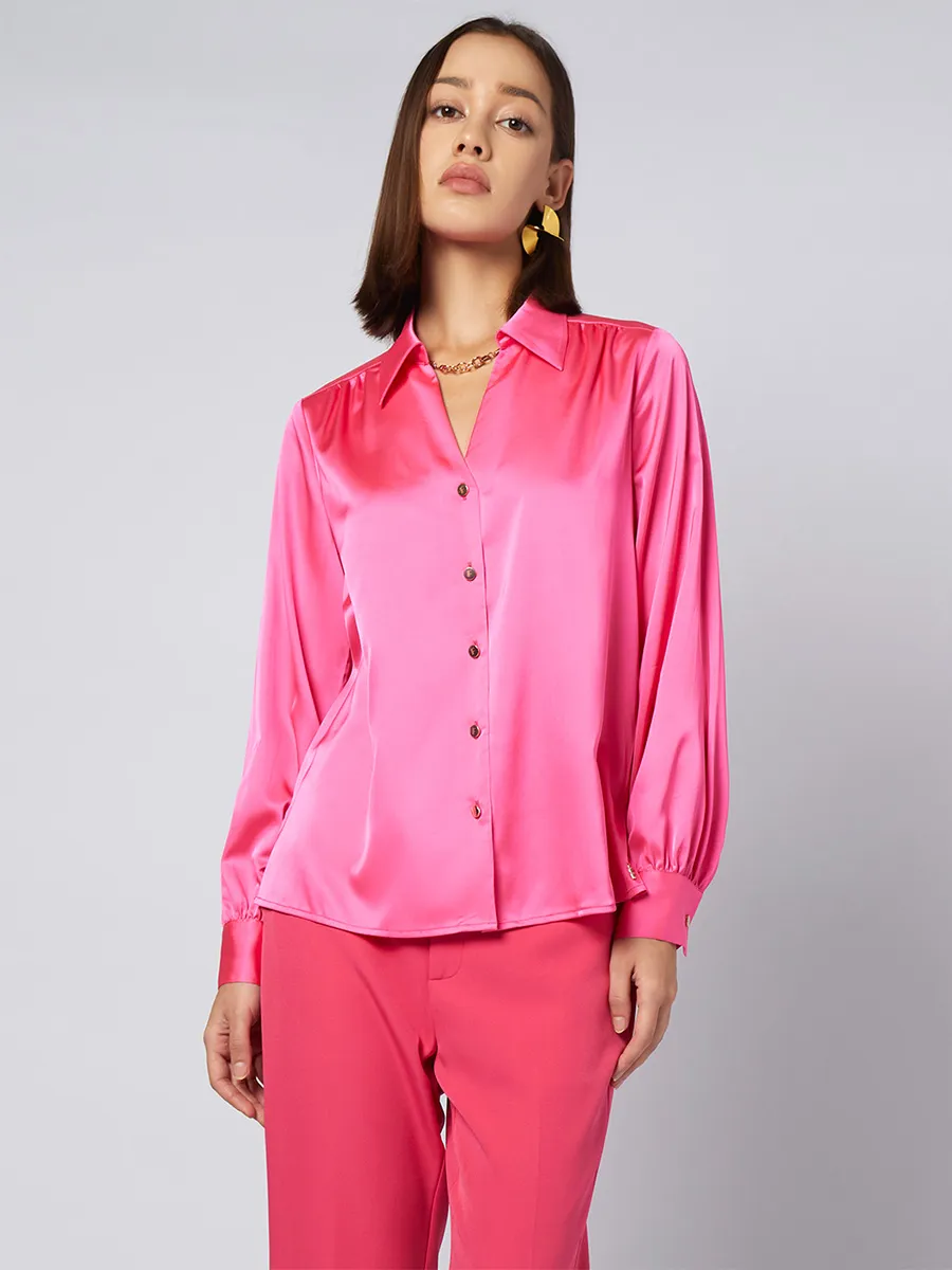 F-FASHION V-Neck Satin Shirt Women Mid Pink