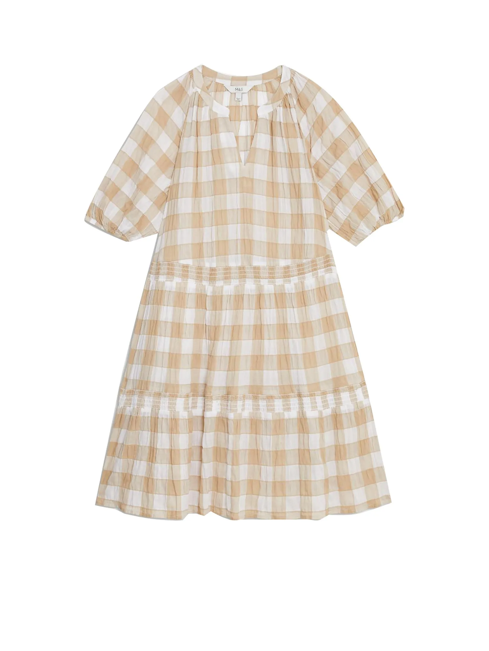 MARKS & SPENCER Women Mini Tiered Dress Cotton Rich Checked Natural Mix