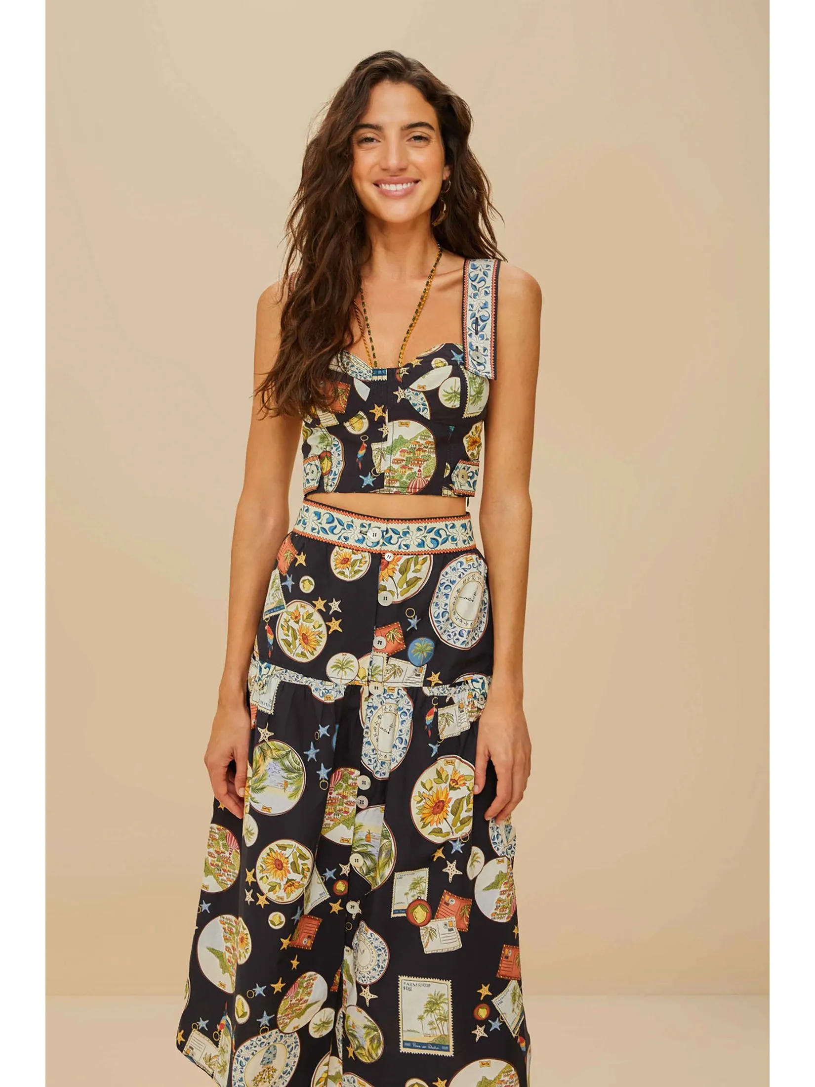 FARM RIO Women Midi Skirt Trip Souvenir Organic Cotton Black