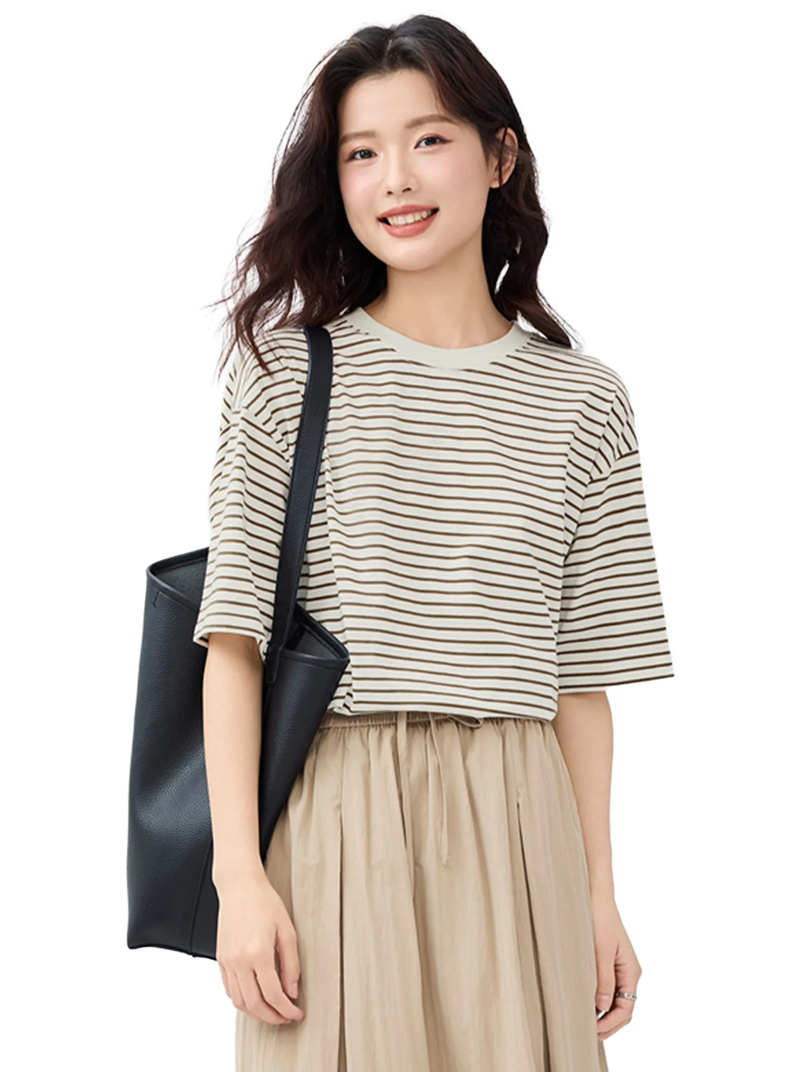 GIORDANO Women's Beau Monde Loose Stripe T-Shirt Khaki Tea Brown