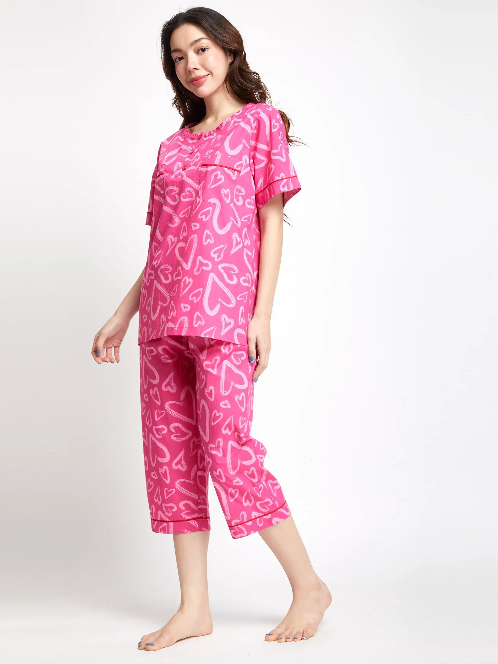 FOF Women Pyjamas T-Shirt Crew Neck Short Sleeves + Cropped Pants Heart Print Pink