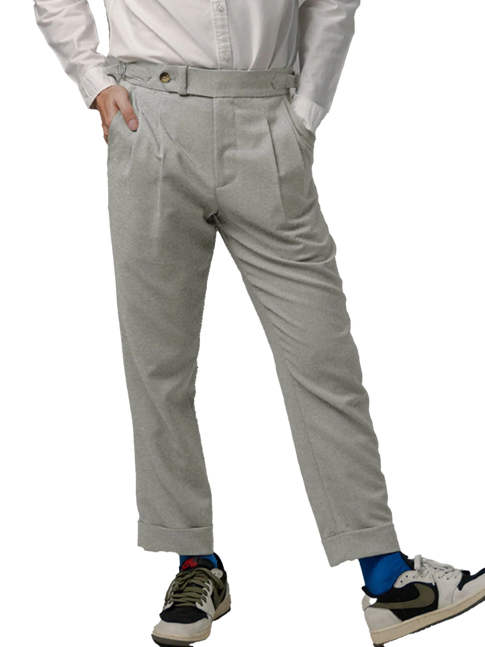 ERA-WON Men's Double belts trousers skinny crop fit Light grey