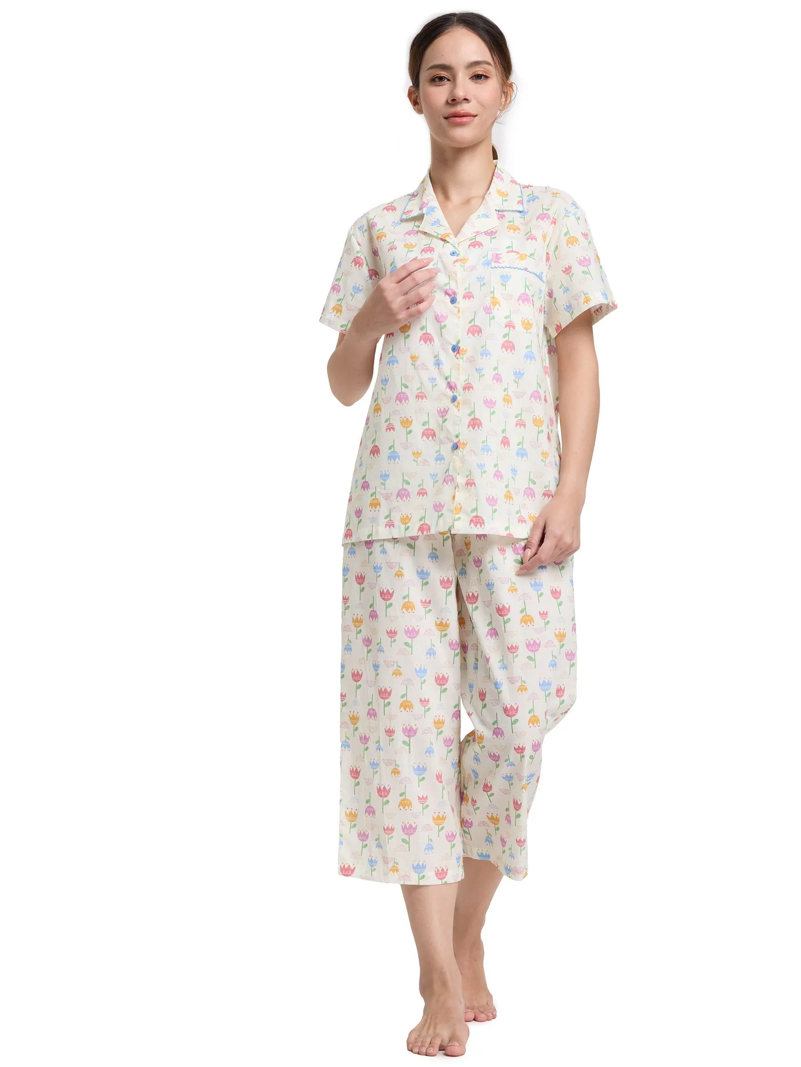 CLAUDIA'S ROMANCE Woman Pyjamas Hawaii Shirt Short Sleeves + Cropped Pants Floral Print Yellow