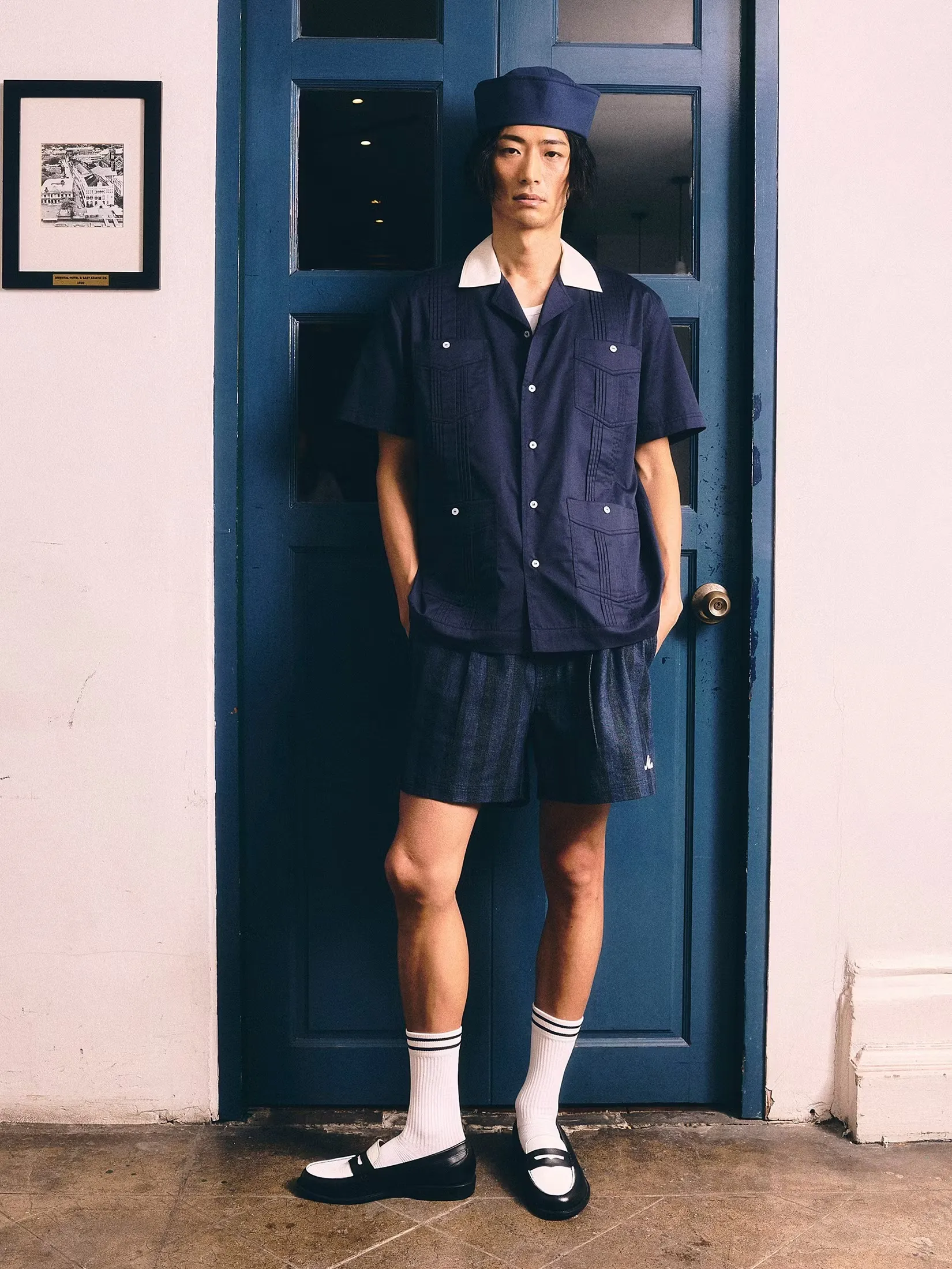 MOO [MOO 5/25] Striped Denim Shorts Navy Blue