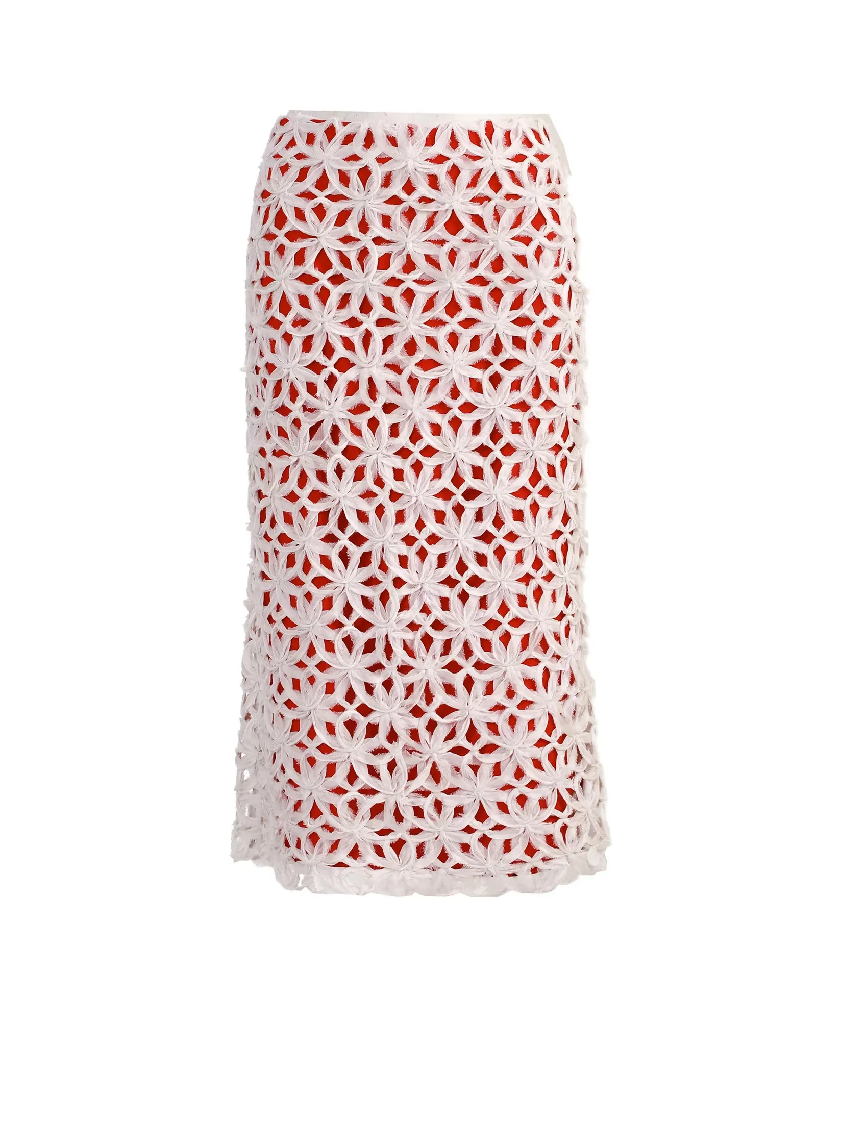 VICKTEERUT Women Red Lace Pencil Skirt with Contrast Lining