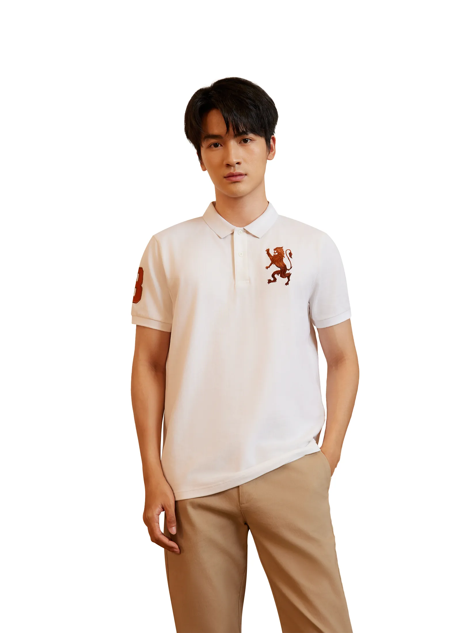 GIORDANO Men's Lycra Pique Embroidery Polo (3D Lion) White