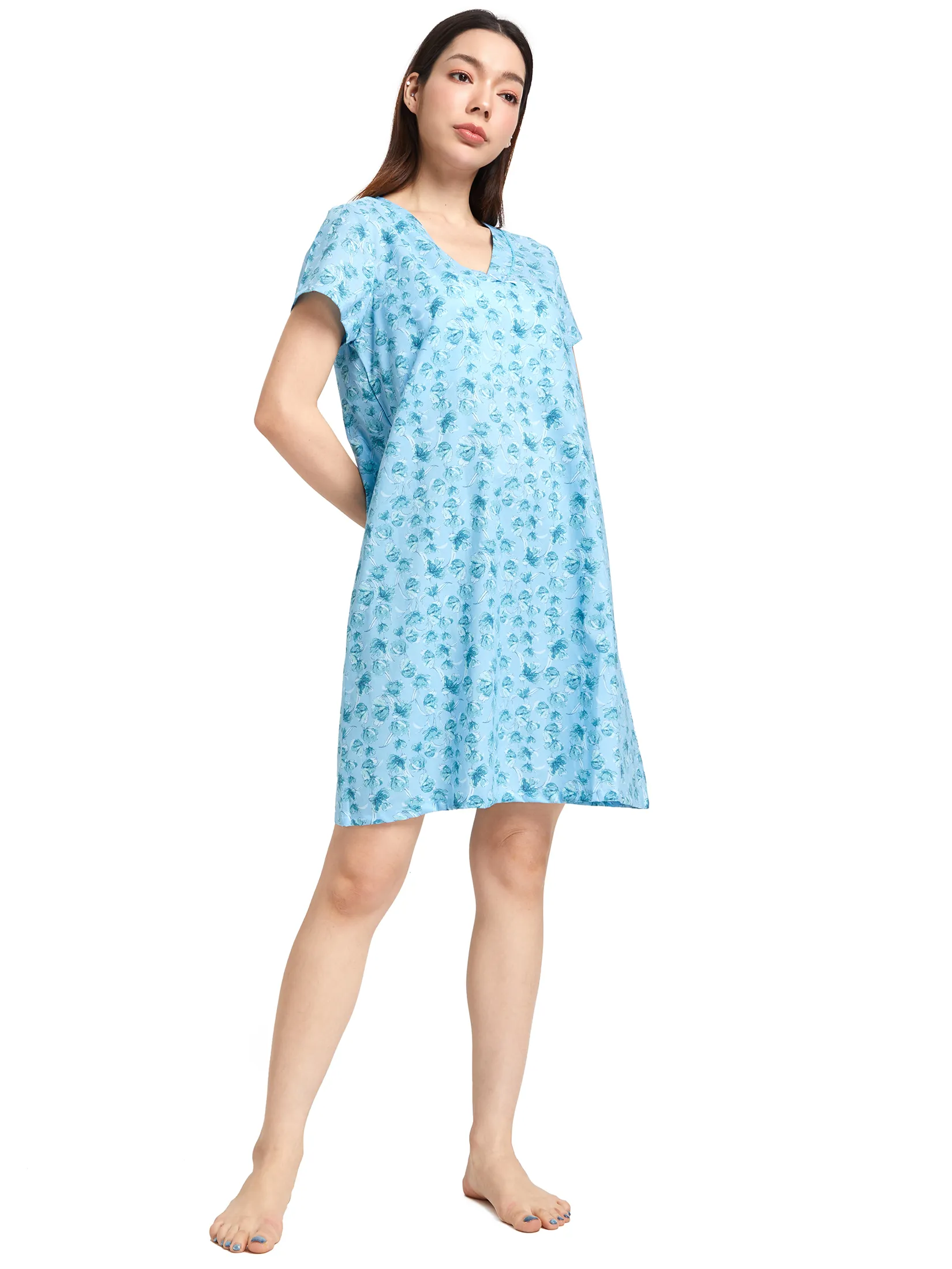CLAUDIA'S ROMANCE Women Night Dress Short Sleeves V-Neck Floral Print Light Blue