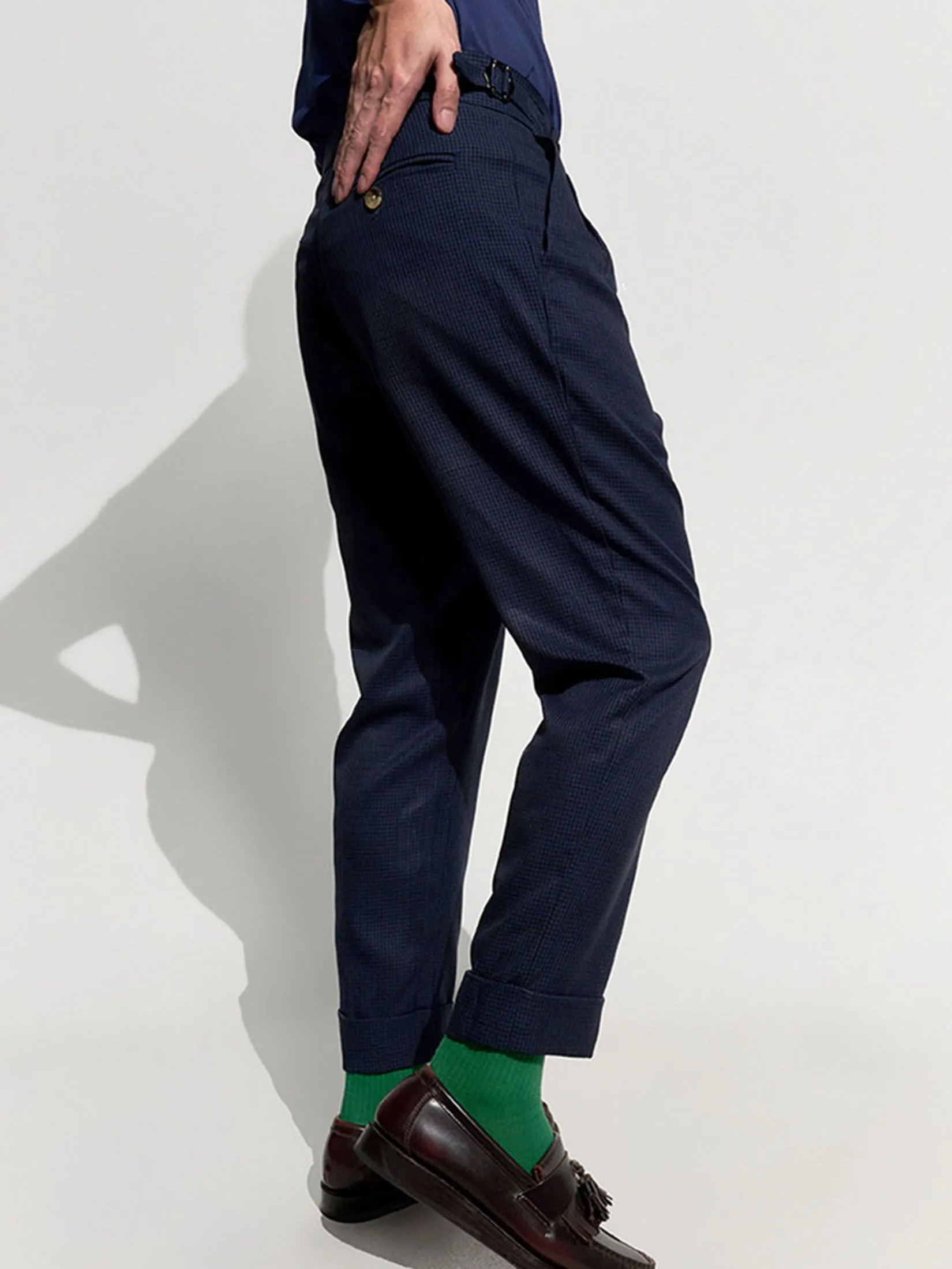 ERA-WON Men's Double belts trousers skinny crop fit Navy Blue