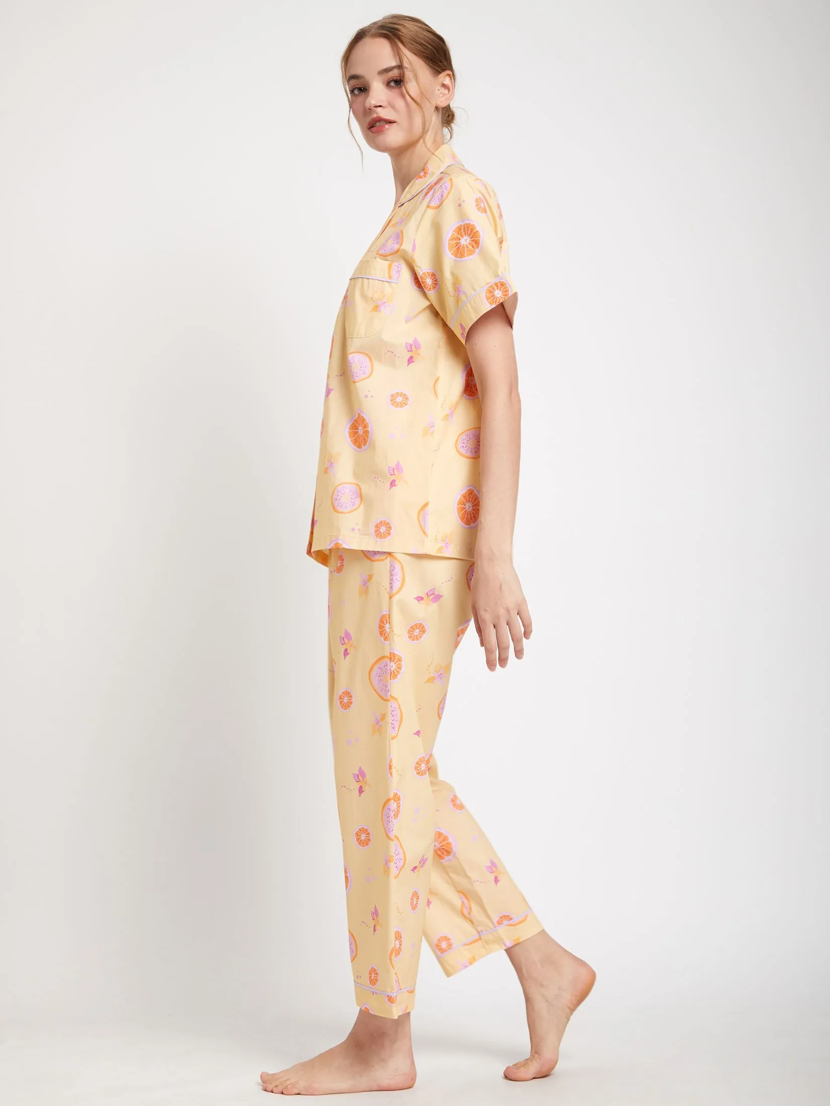 FOF Women Pyjamas Shirt Short Sleeves Collar Neck + Pants Lemon Print Yellow