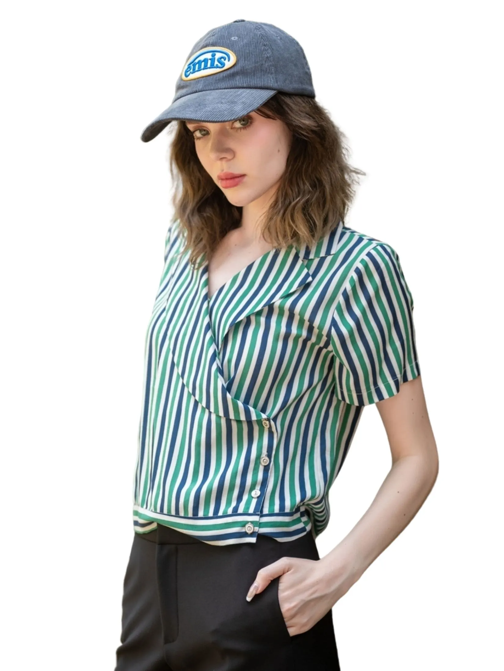 AMILA Women Blouse Short Sleeves Cotton Print Green