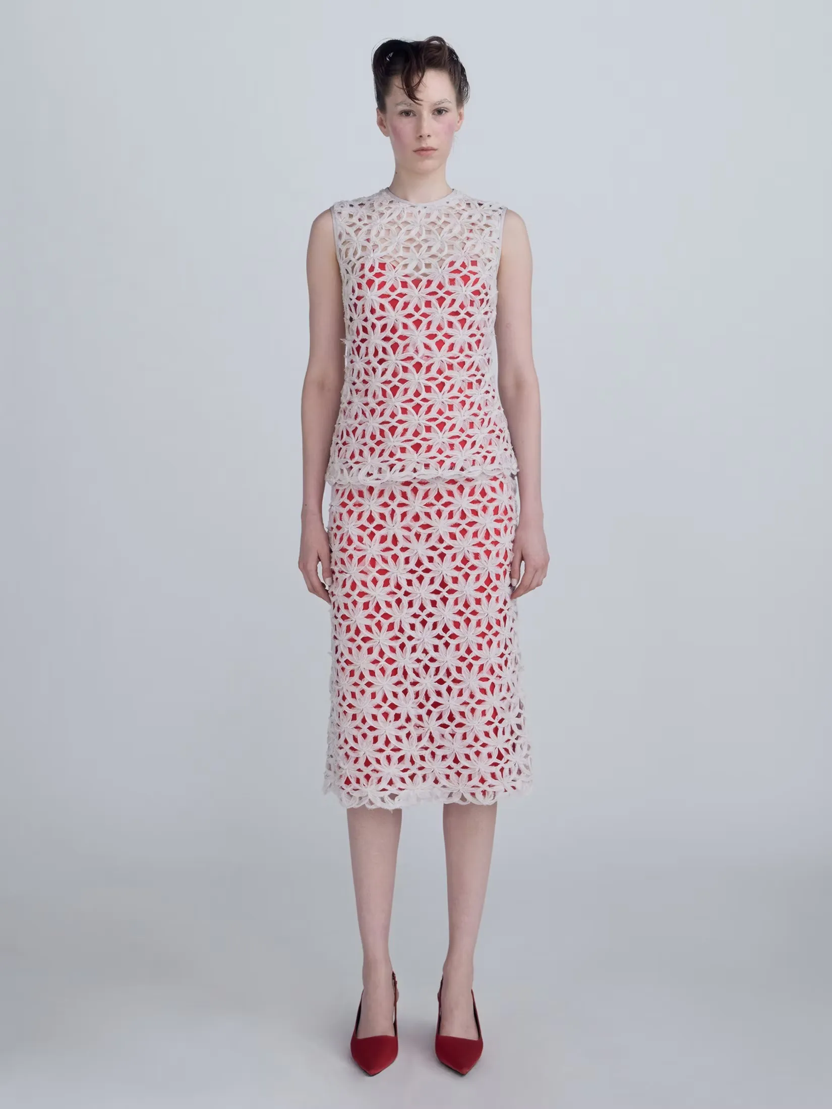 VICKTEERUT Women Red Lace Pencil Skirt with Contrast Lining