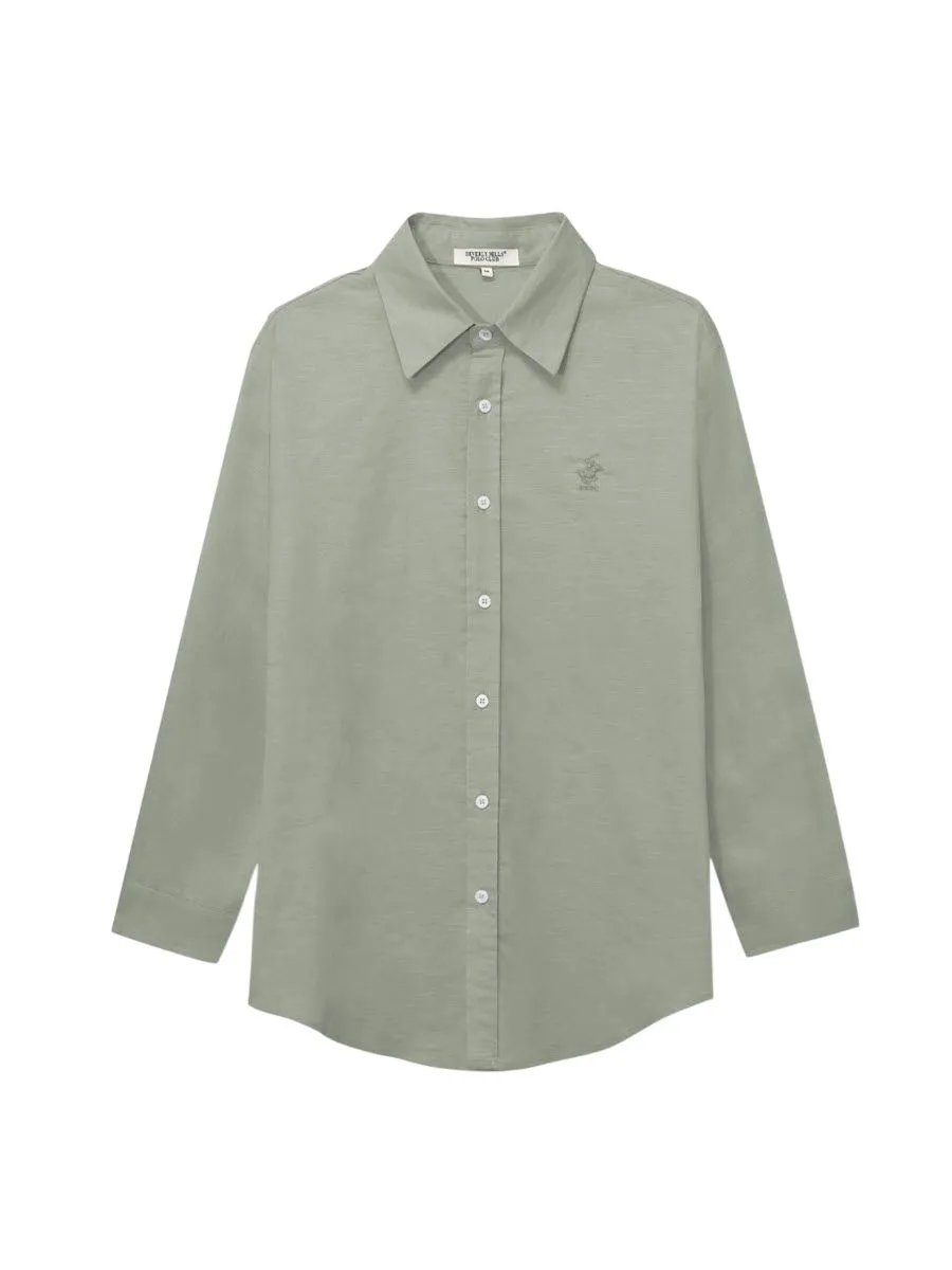 BEVERLY HILLS POLO CLUB Men Cotton Linen Relax Fit Shirt Long Sleeve, Army Green