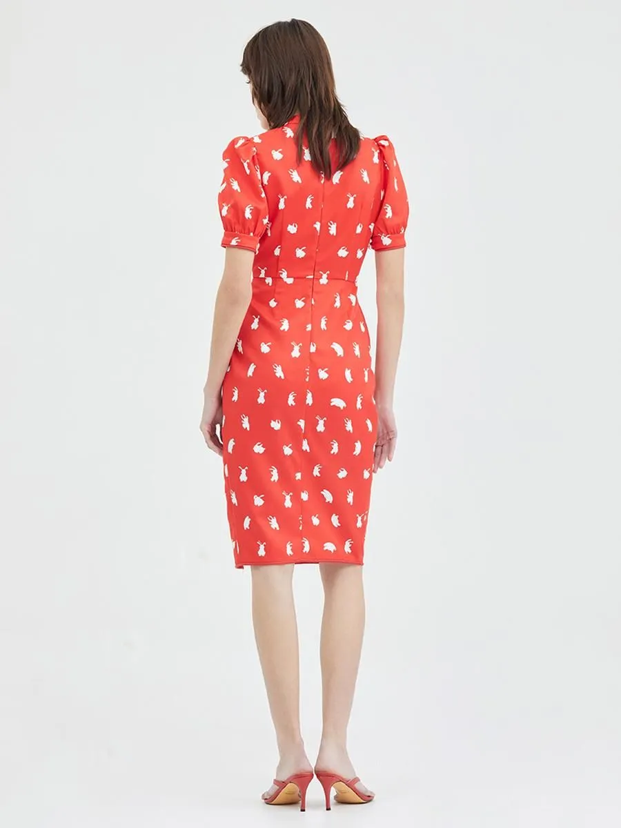 KLOSET (CNY23)Rabbit print front slit dress RED