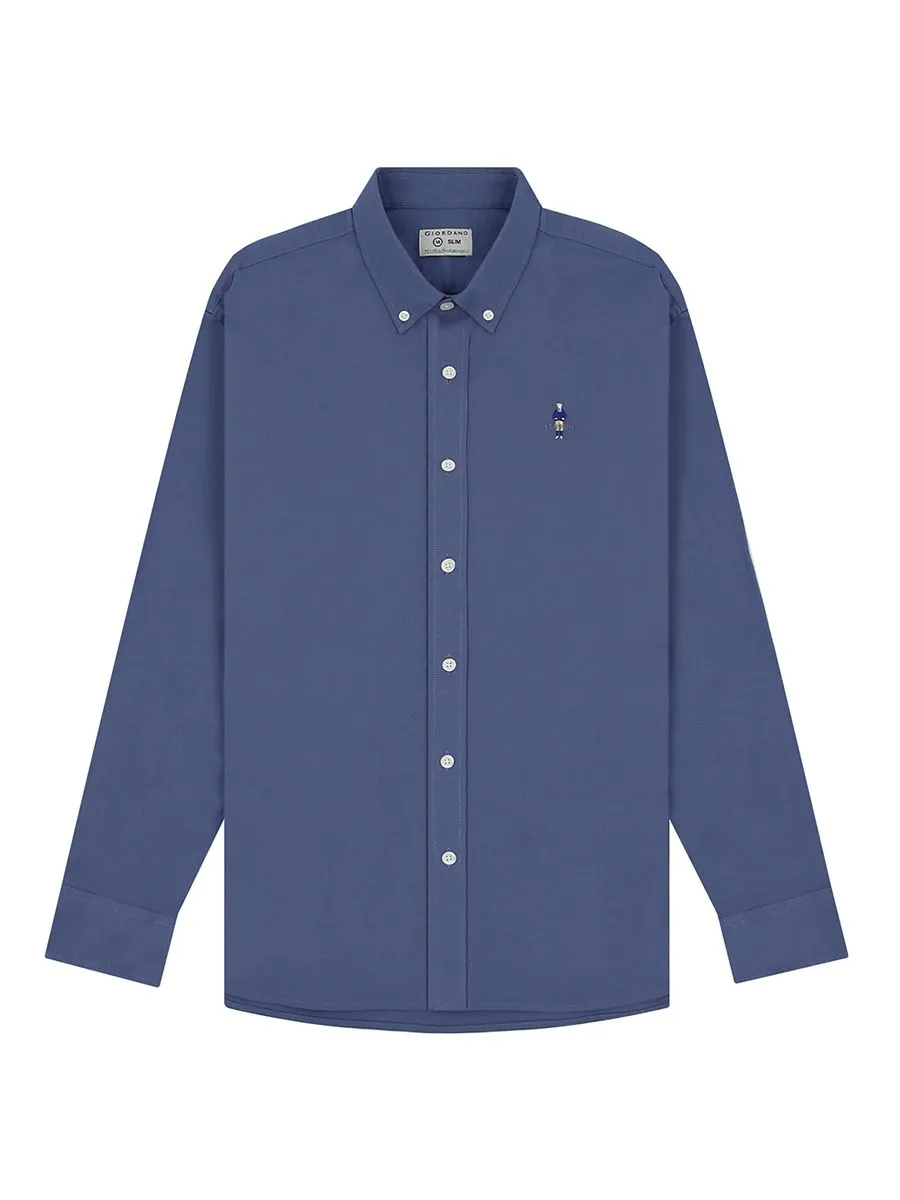 GIORDANO Men's Slim Embroidery Stretch Oxford Shirts (Classic Man) Dark Blue Navy