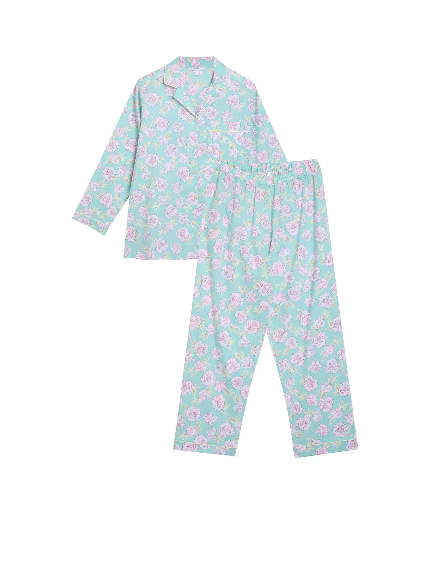 CLAUDIA'S ROMANCE Women Pajamas Set Hawaiian Shirt Long Sleeves + Long Pants Green