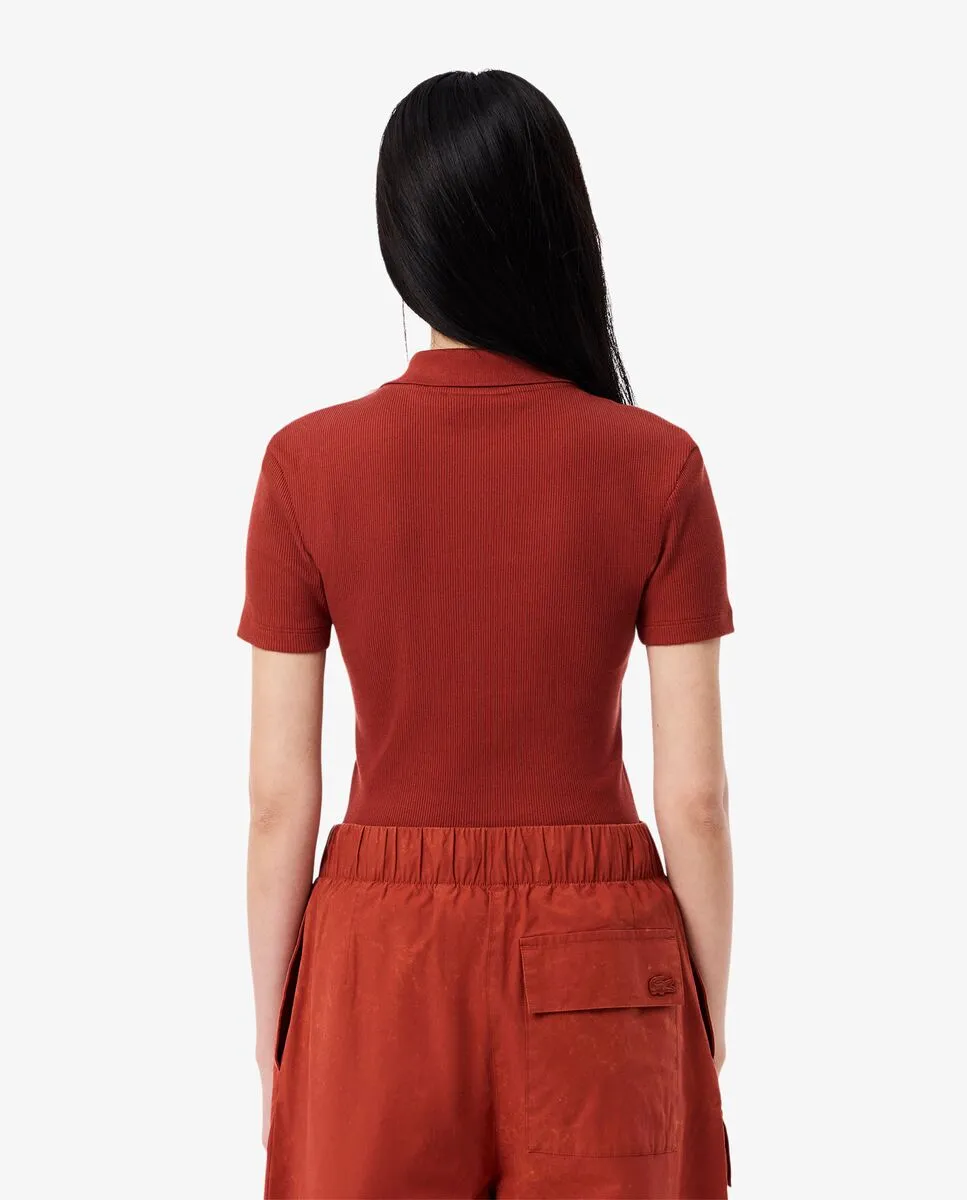 LACOSTE Slim Fit L.12.D Ribbed Cotton Polo Shirt Brown