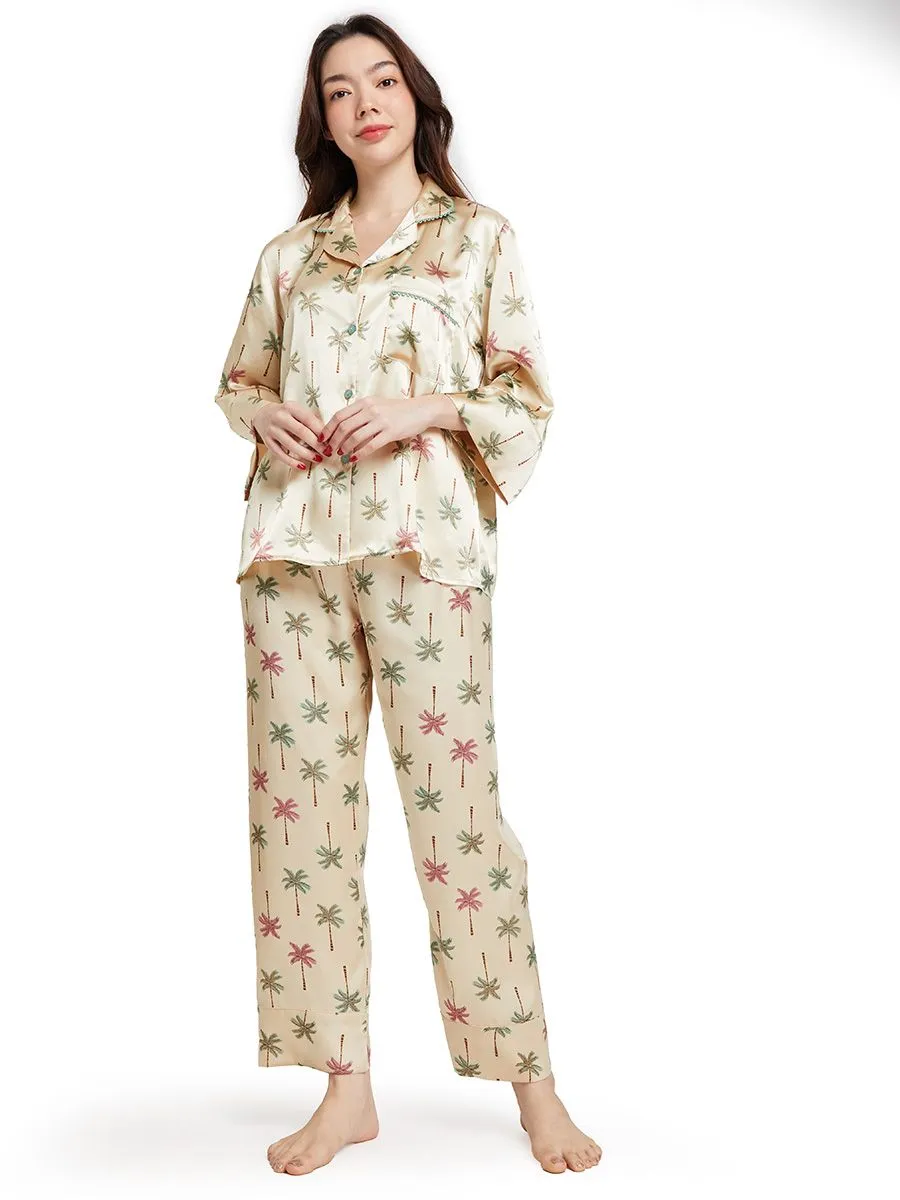 MARIA VICTORIA Women Sleepwear Long Sleeves + Pants Palm Tree Printed Gold