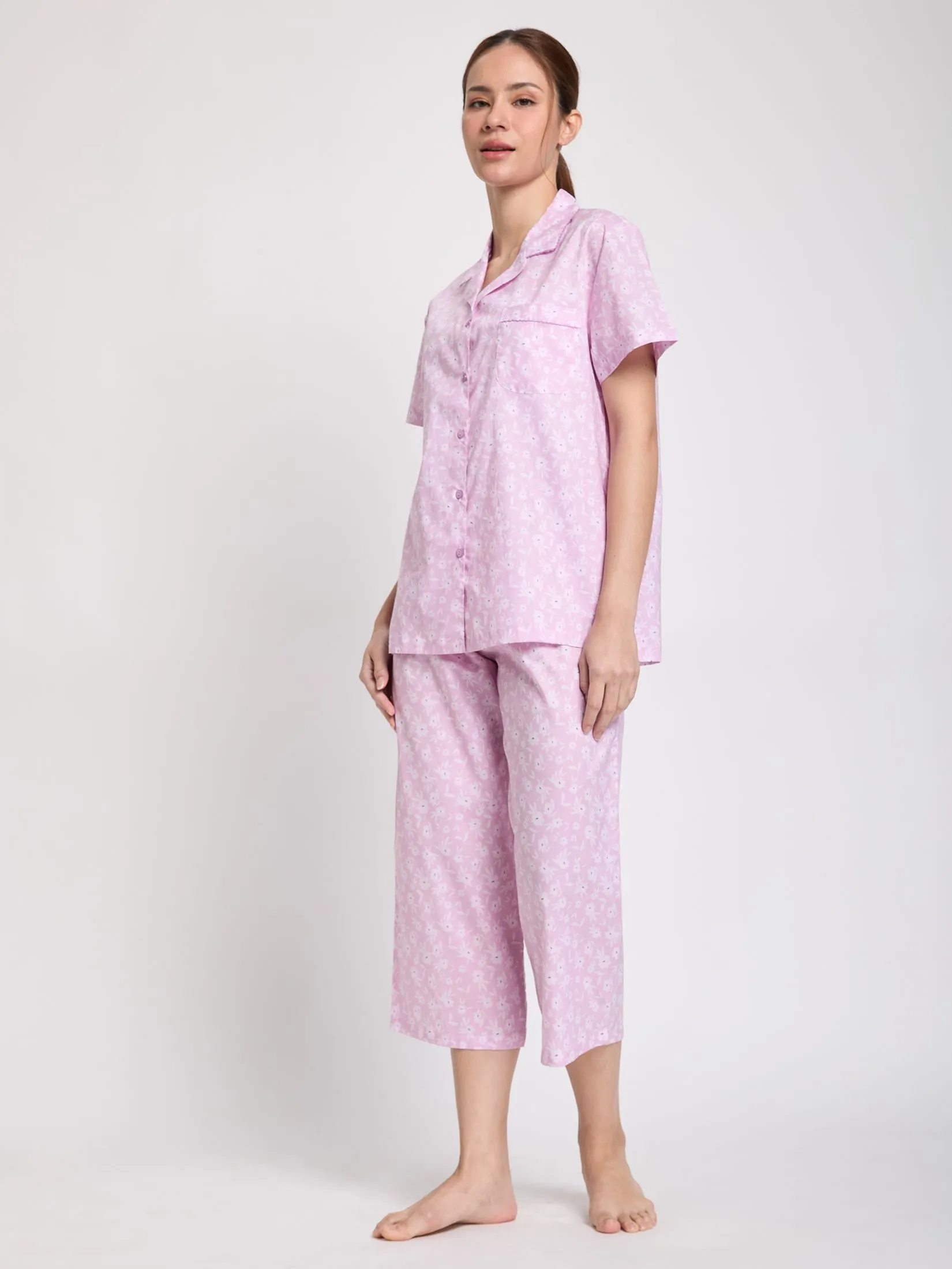 CLAUDIA'S ROMANCE Women Pyjamas Hawaii Shirt Short Sleeves + Cropped Print Floral Print Pink