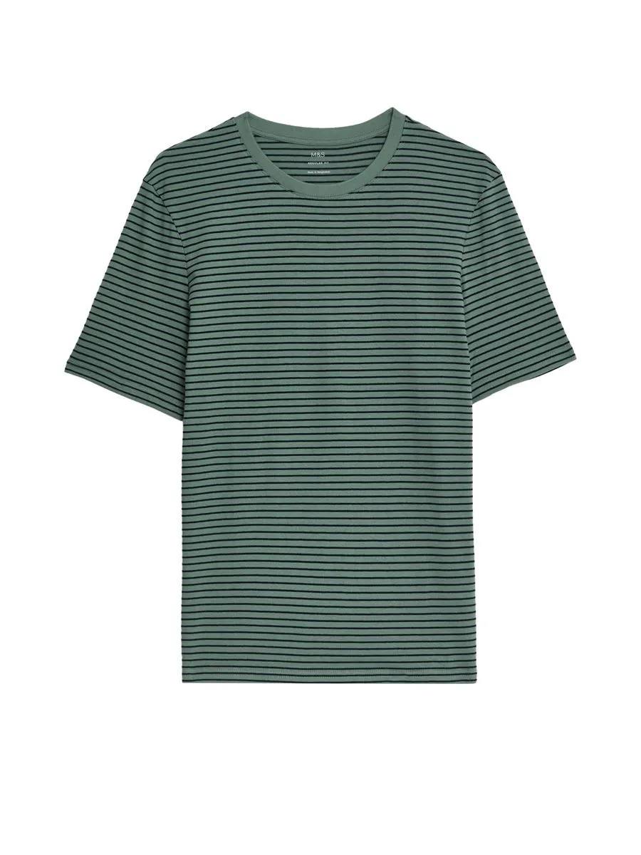 MARKS & SPENCER Men T-Shirt Short Sleeves Pure Cotton Striped Crew Neck