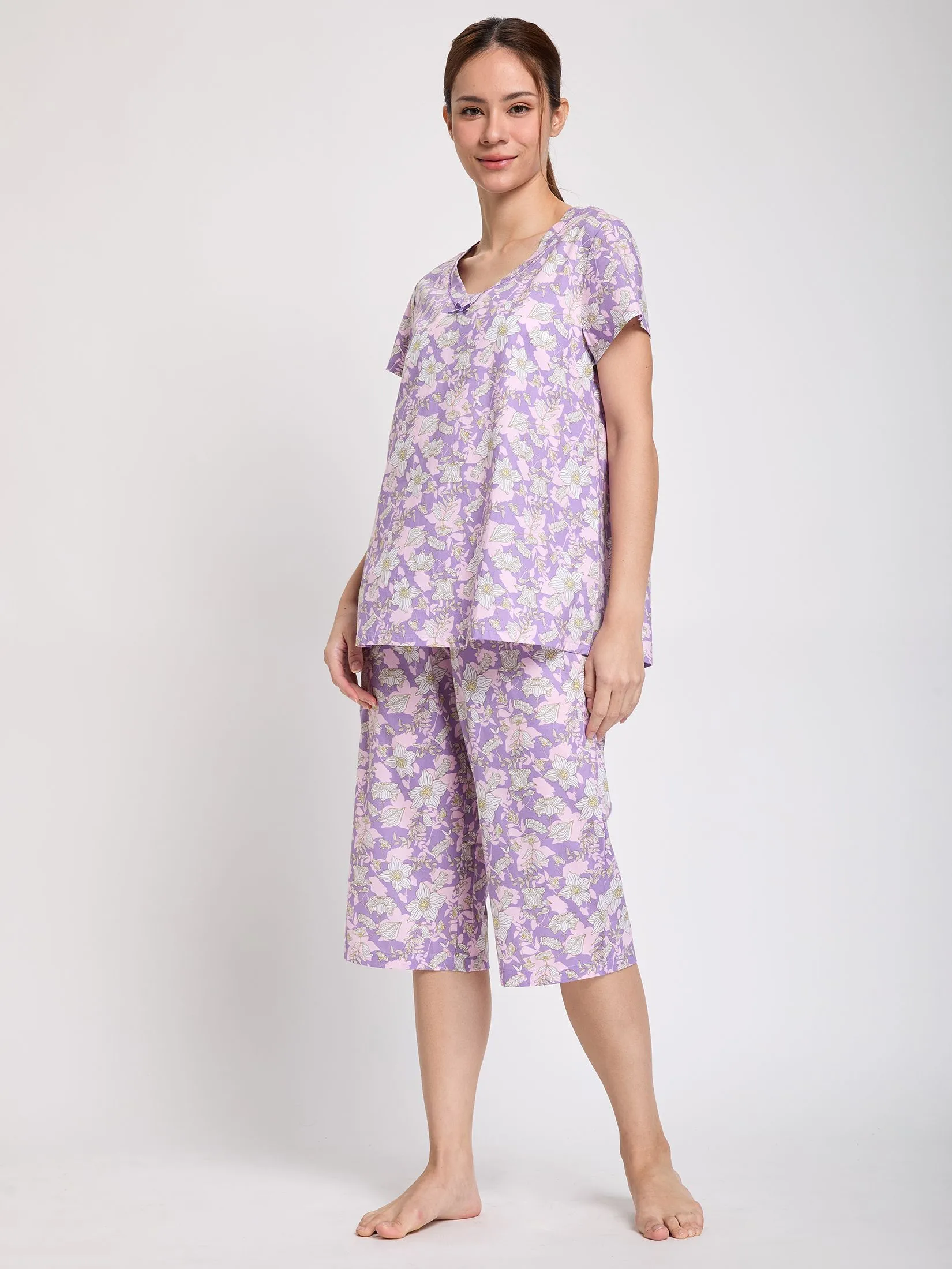 CLAUDIA'S ROMANCE Women Pyjamas Short Sleeves V-Neck + 3/4 Pants Print Violet