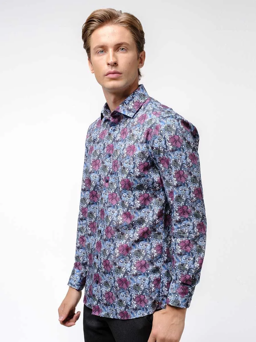 OLYMP MEN SHIRT LONG SLEEVES MODERN FIT GRAPHIC PRINT BLUE EASY IRON