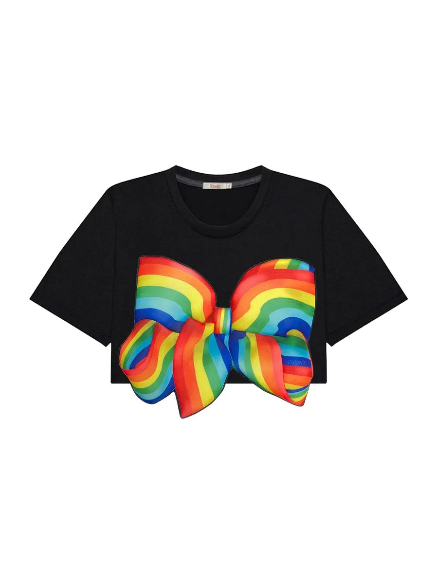 ICONIC WOMAN BLACK SUPER BOW SPONGE CROP T-SHIRT