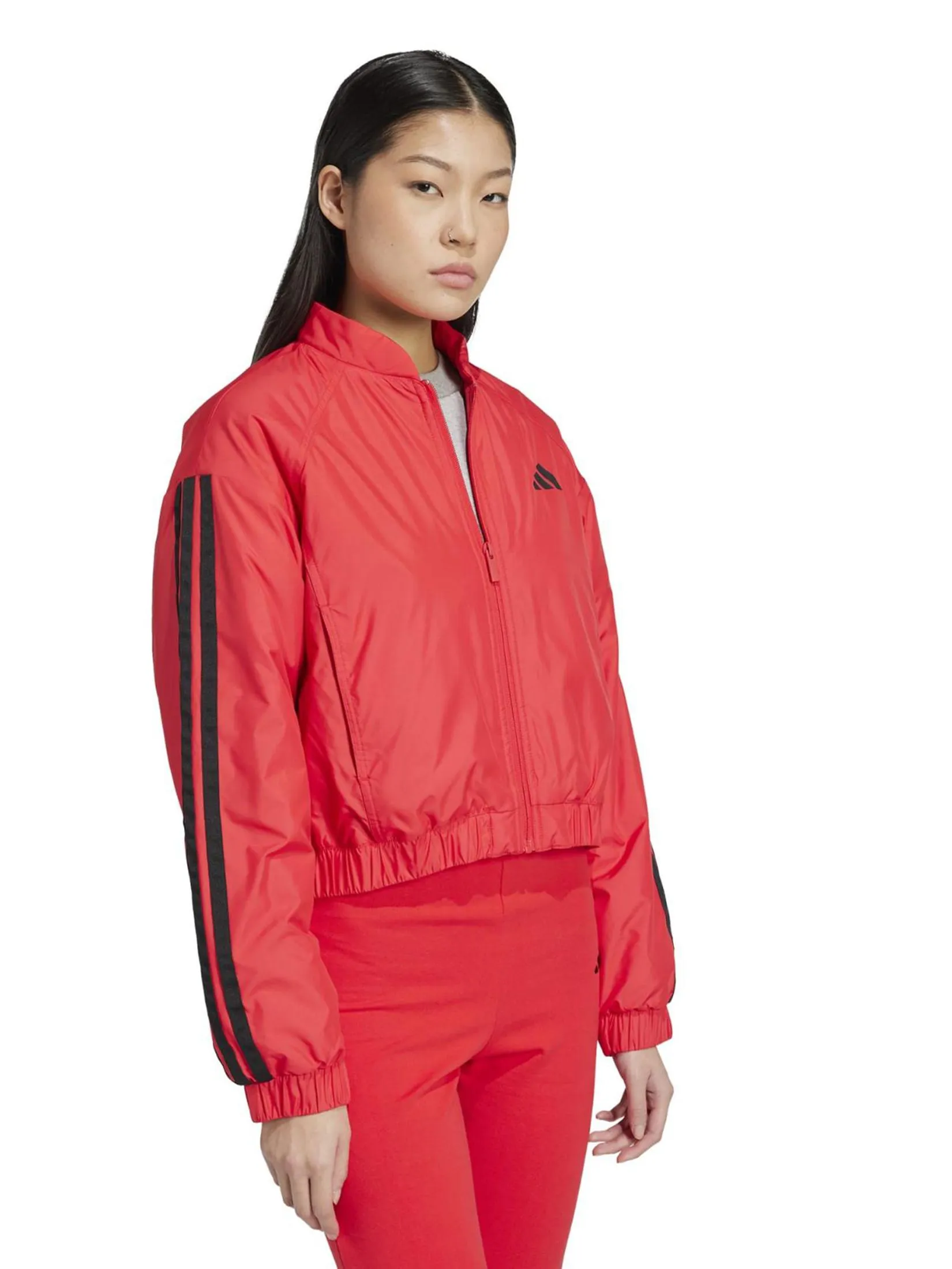 ADIDAS Women Bomber Jacket Essentials 3-Stripes Insulated Crop JP1724 Pure Ruby