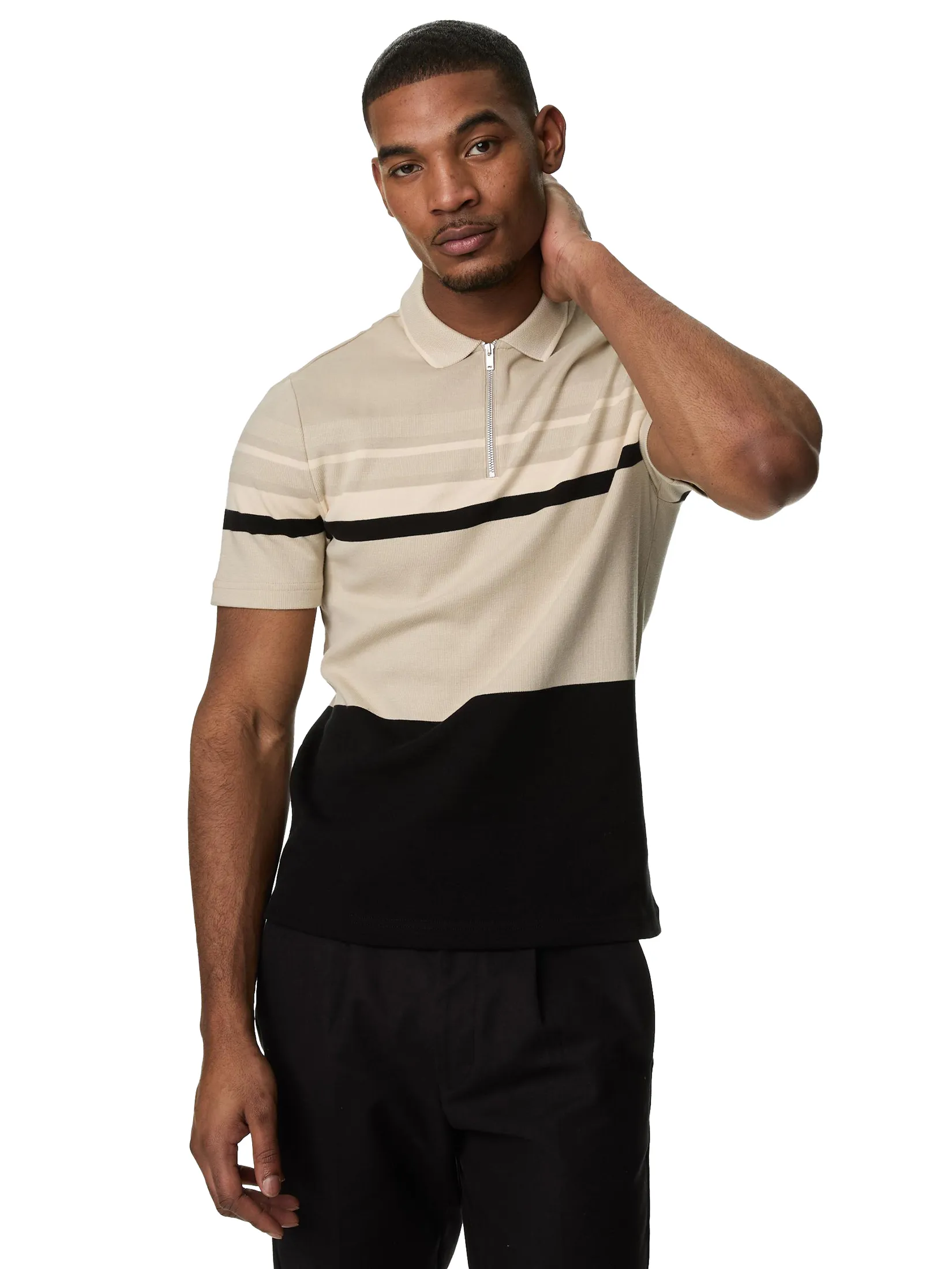 MARKS & SPENCER Men Polo Shirt Pure Cotton Double Knit Striped Natural Mix