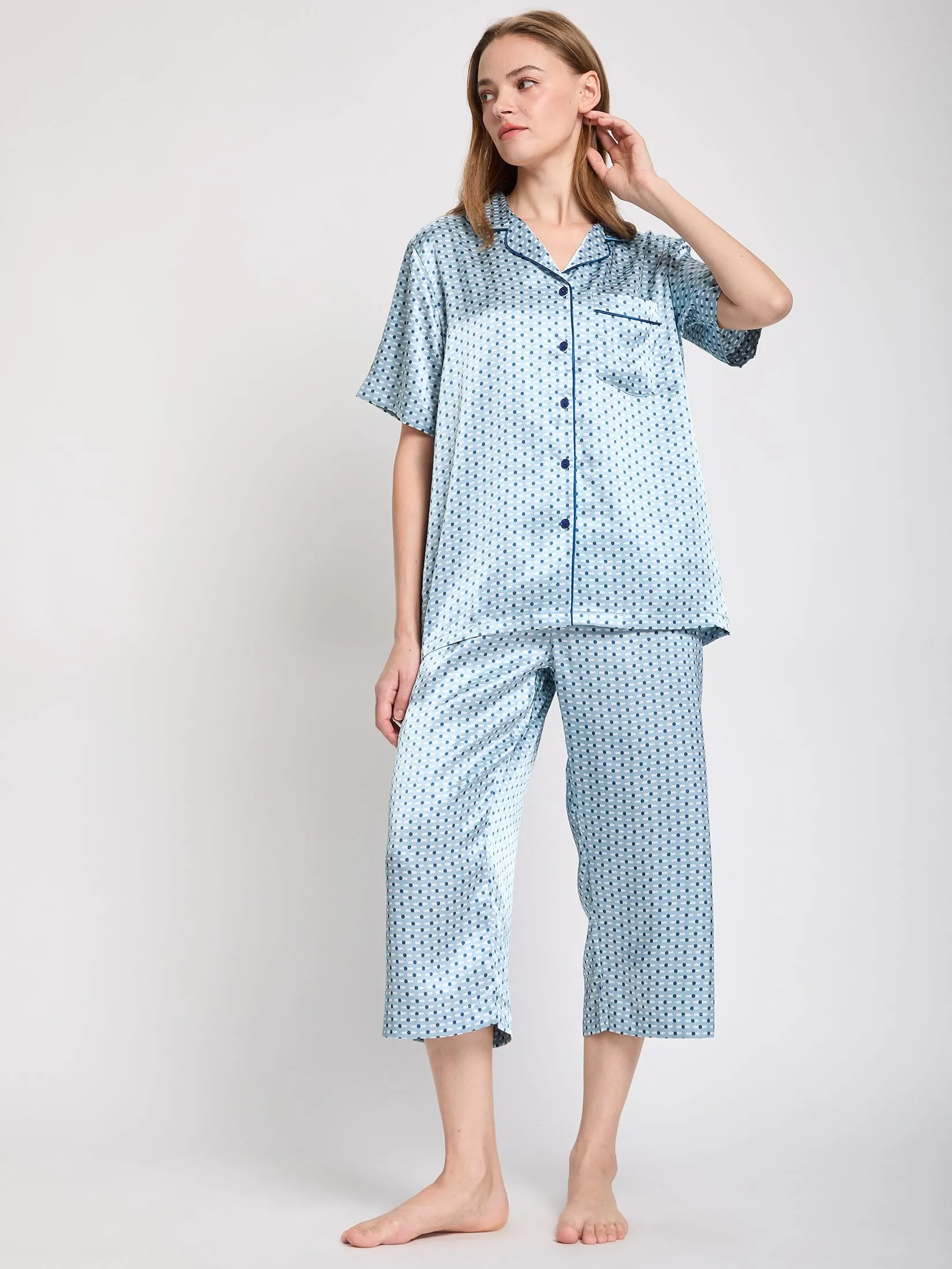 ELIZABETH Women Pajamas Shirt Short Sleeves + Cropped Pants Light Blue