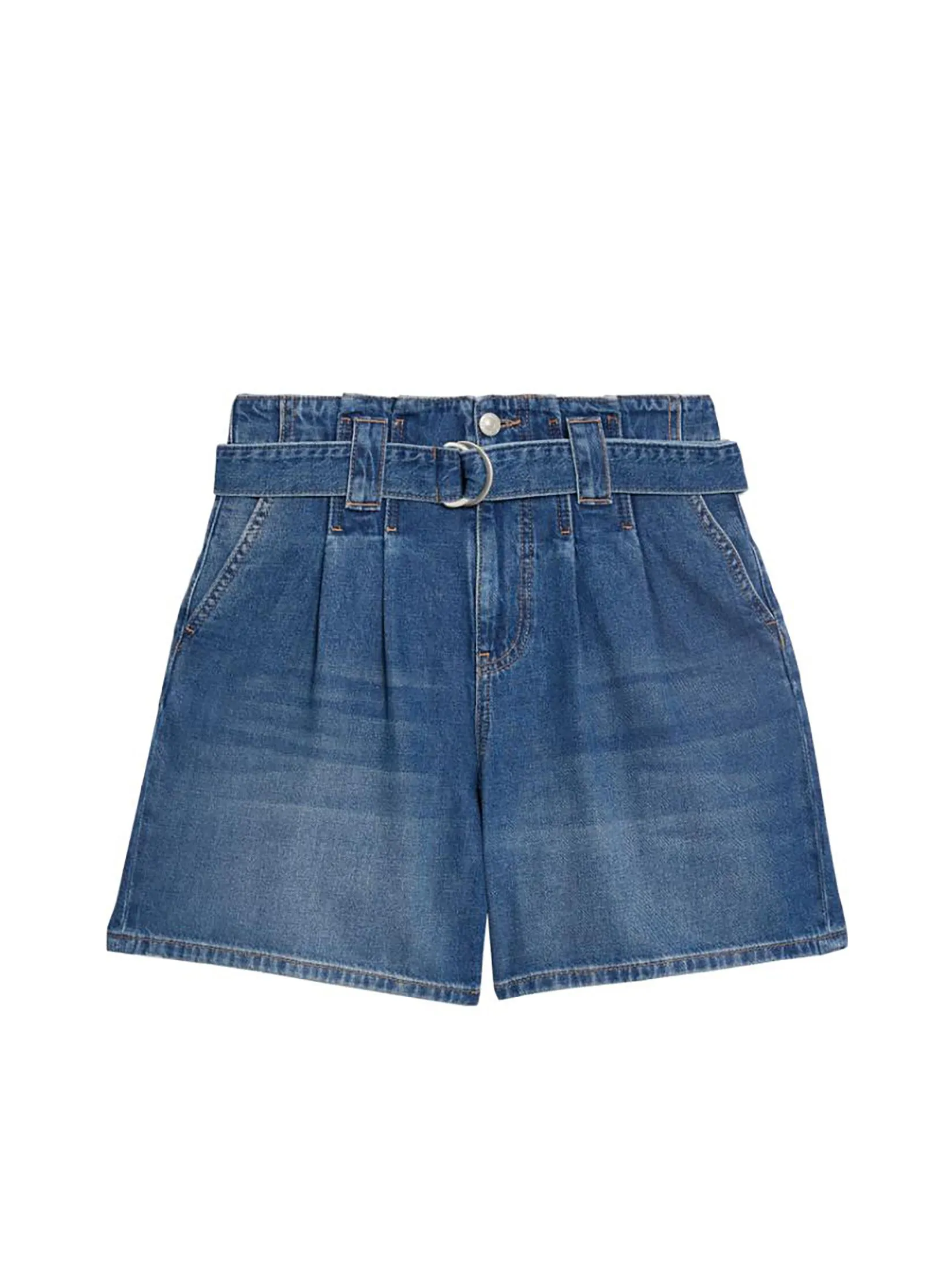 MARKS & SPENCER Women Shorts Denim Pleat Front Belted Medium Indigo