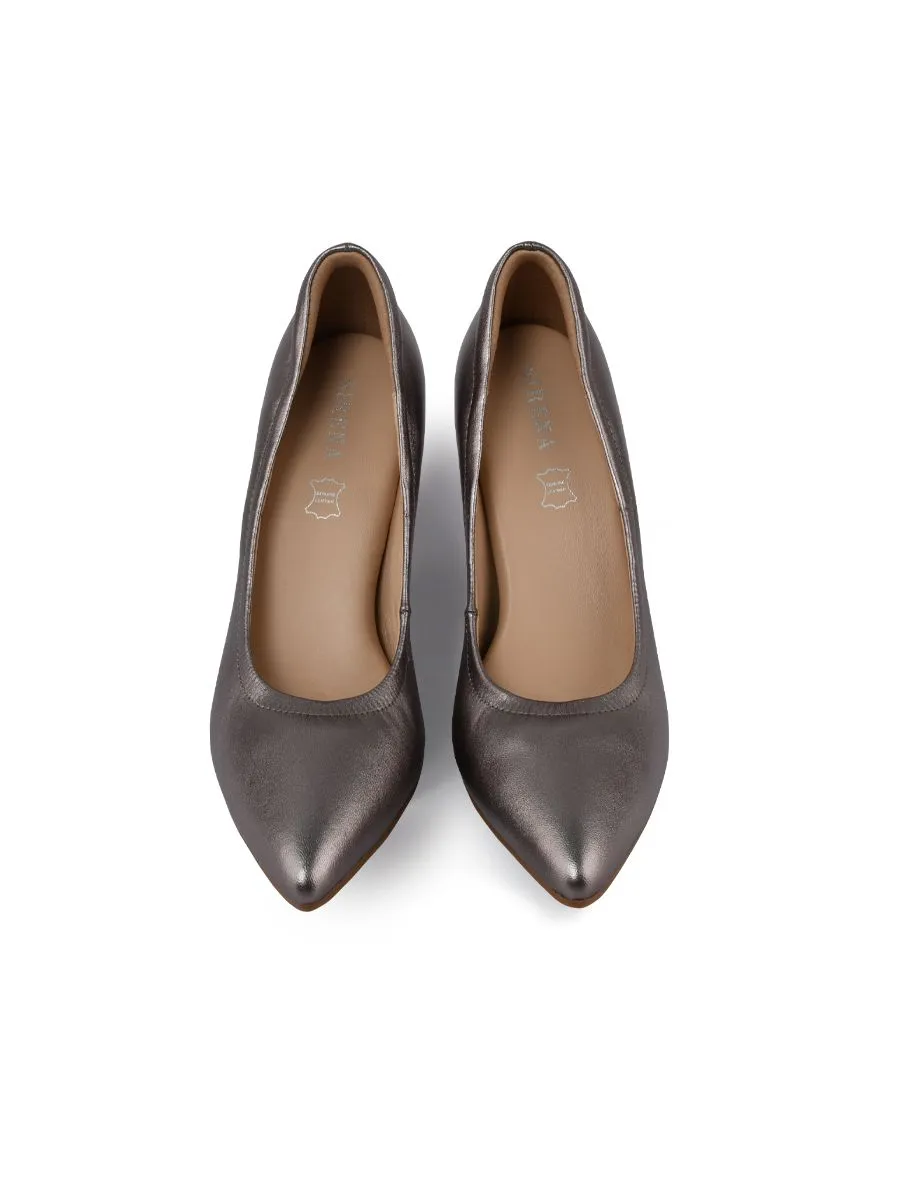 SIRENA Metallic Pewter Leather Court Shoes Pointed Toe High Heel 3 inch Cinderella