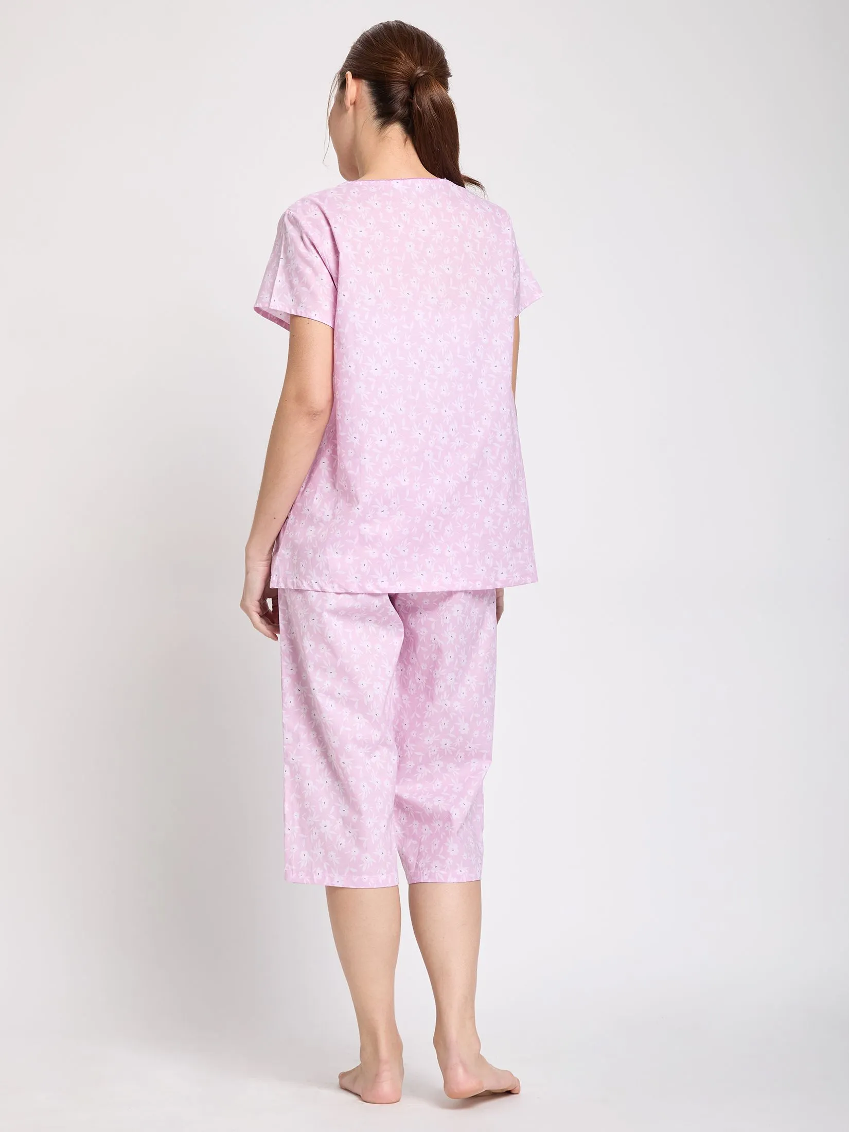 CLAUDIA'S ROMANCE Women Pyjamas Polo Short Sleeves Round Neck + 3/4 Pants Floral Print Pink