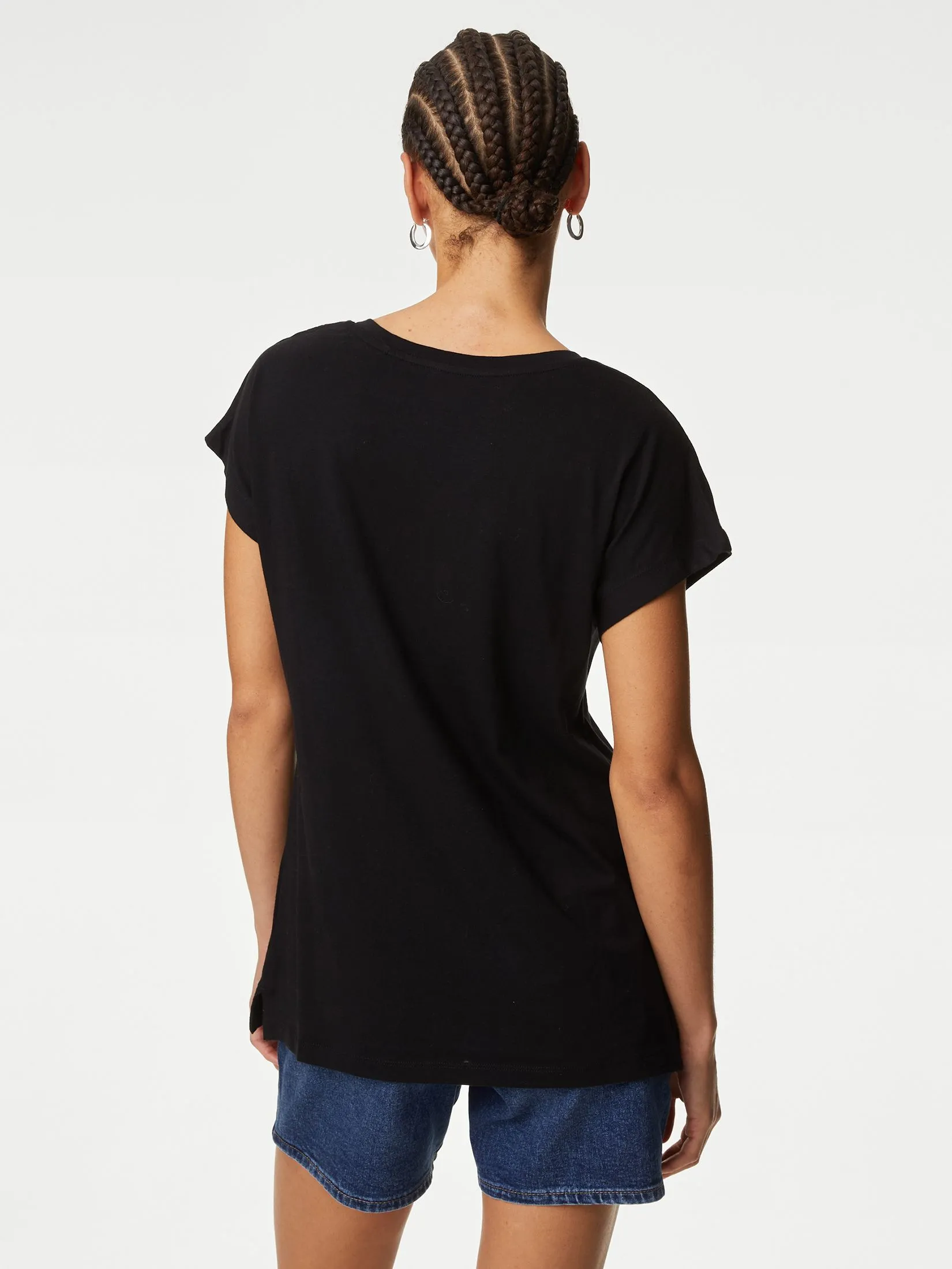 MARKS & SPENCER Women T-Shirt Cotton Rich V-Neck Relaxed Longline