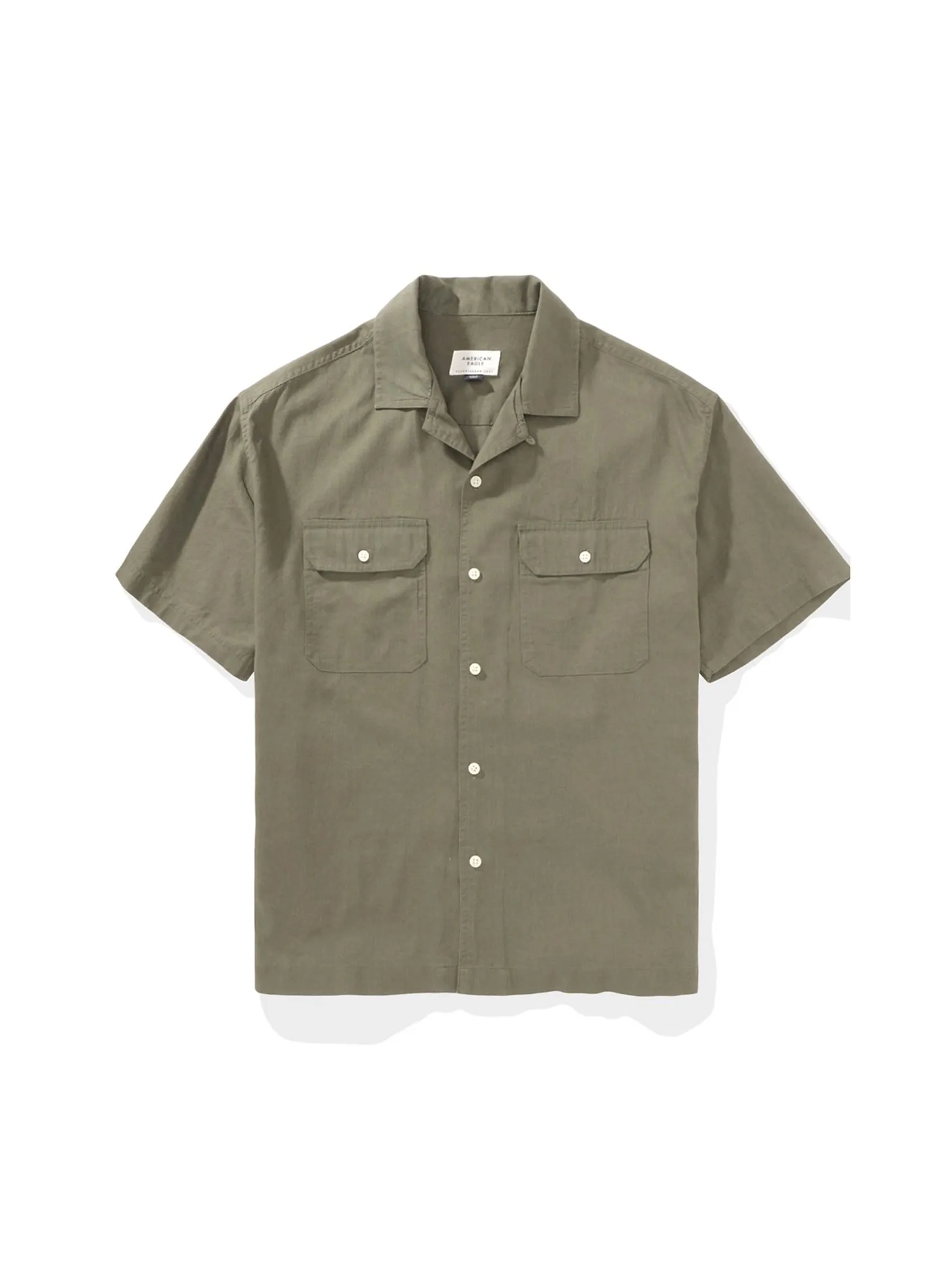 AMERICAN EAGLE MEN OLIVE TINT SS OVERSIZED CAMP COLLAR CURTIS LINEN SHIRT 309 OLIVE