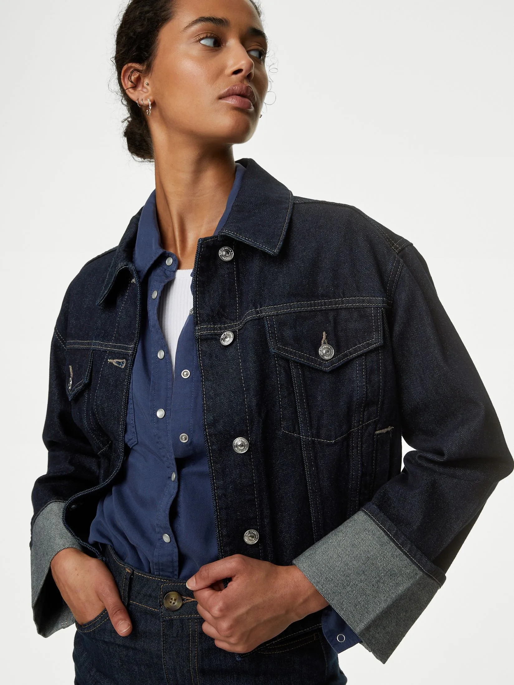 MARKS & SPENCER Women Jacket Denim Turn Up Cuff Dark Indigo