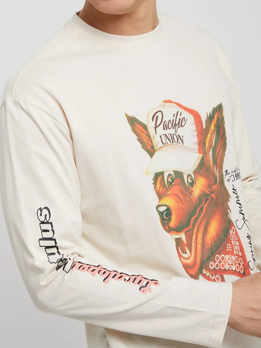 PACIFIC UNION Man T-Shirt Lycalopex Vetulus Graphic Long-Sleeve Beige