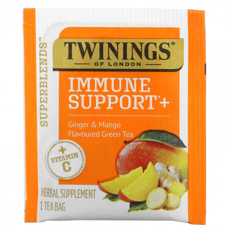 Twinings, Superblends, поддержка иммунитета, с витамином C, зеленым чаем с имбирем и манго, 16 чайных пакетиков, 32 г (1,12 унции) каждый