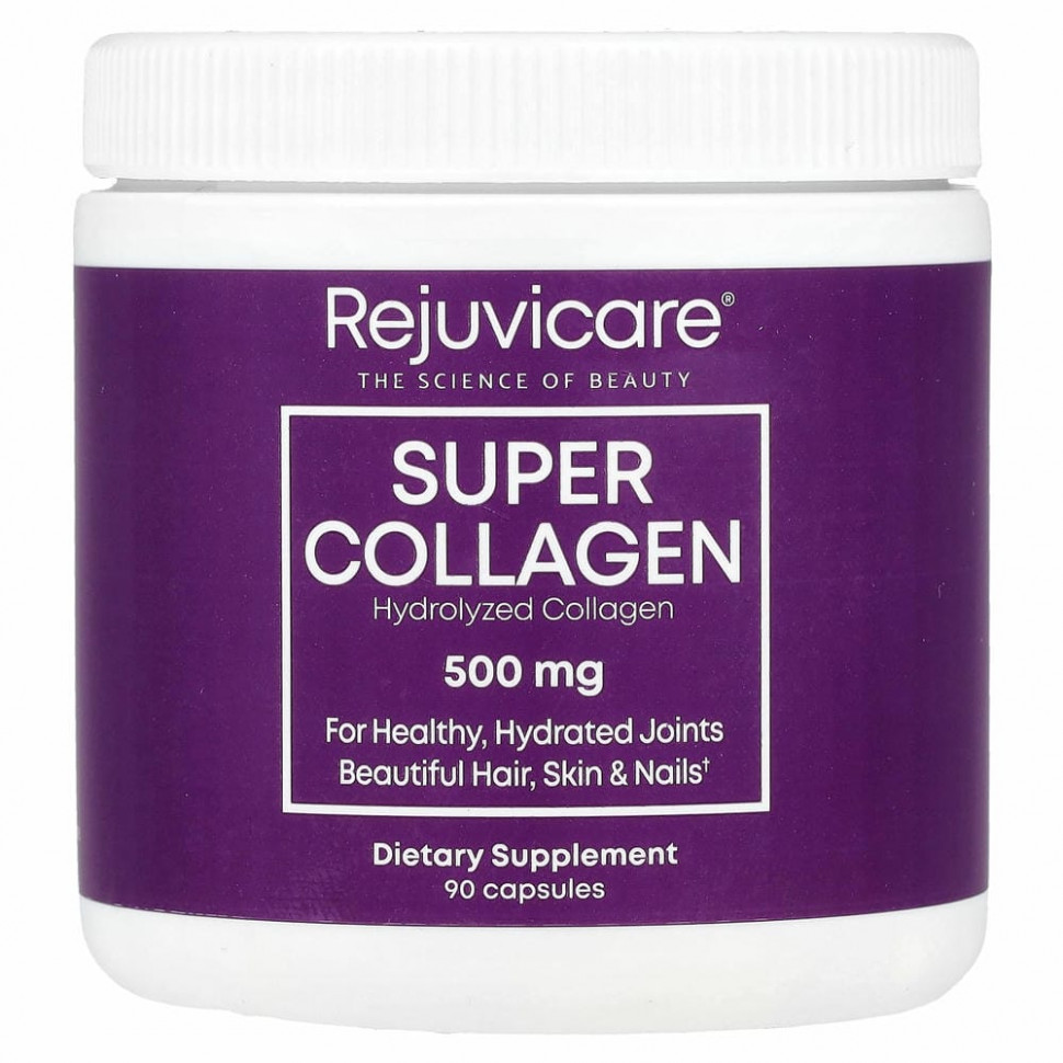 Rejuvicare, Super Collagen, гидролизат коллагена, 500 мг, 90 капсул