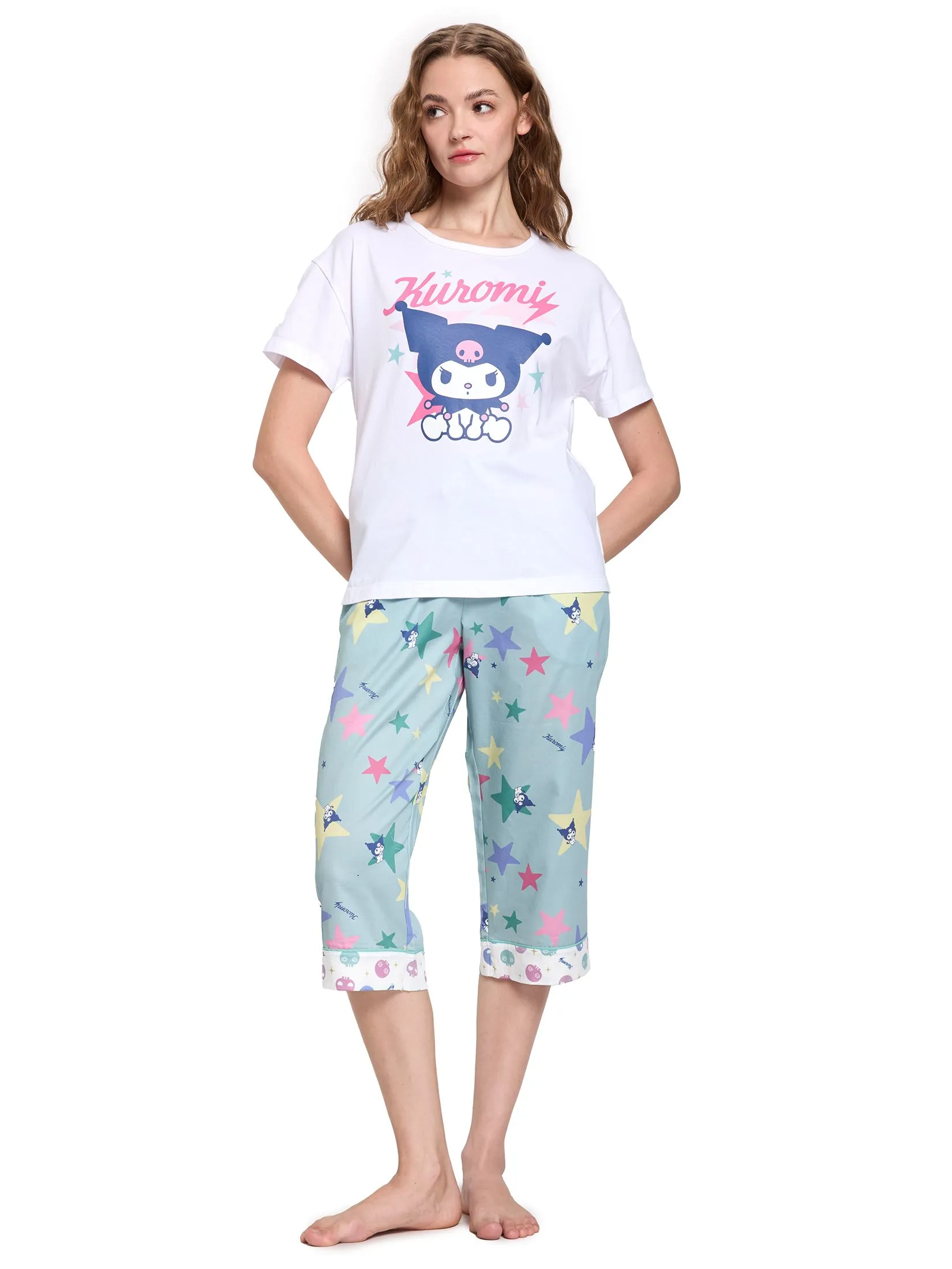 SANRIO Women Sleepwear T-Shirt Short Sleeves + Cropped Pants Kuromi Star Light Blue