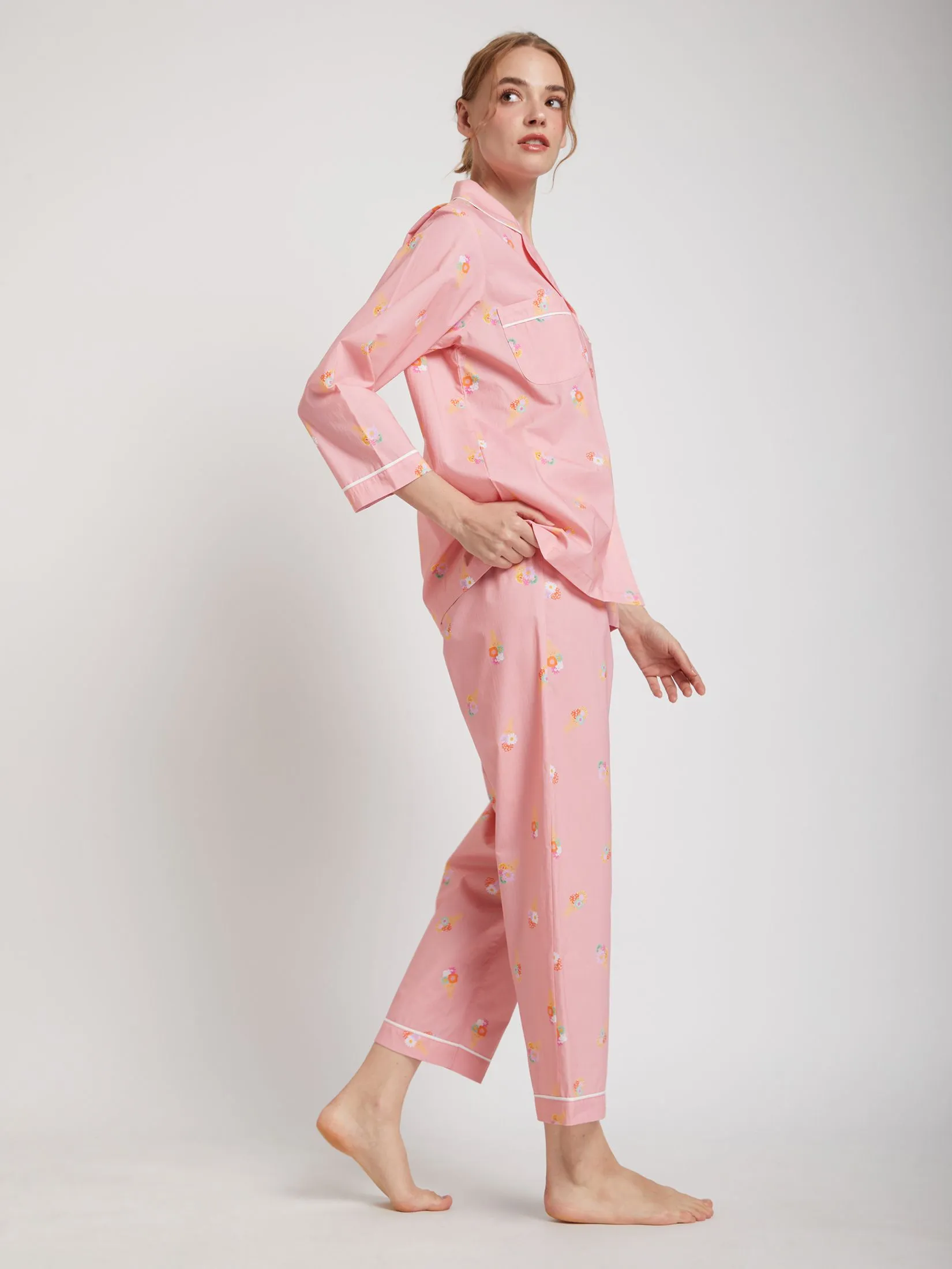FOF Women Pyjamas Shirt Long Sleeves Collar Neck + Pants Ice Cream Print Pink