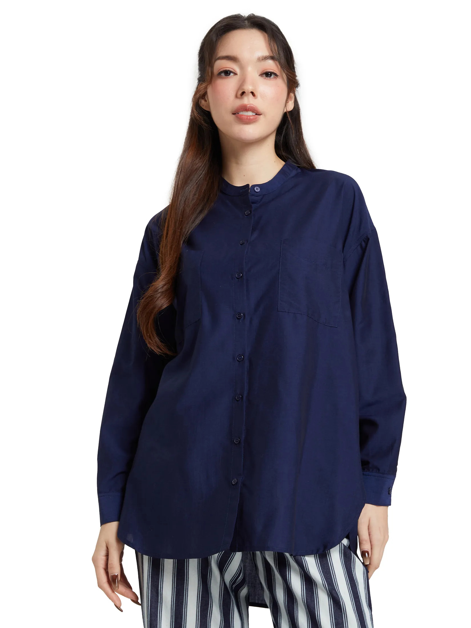 EASY PIECES Women Blouse Long Sleeves Round Neck Front Pocket