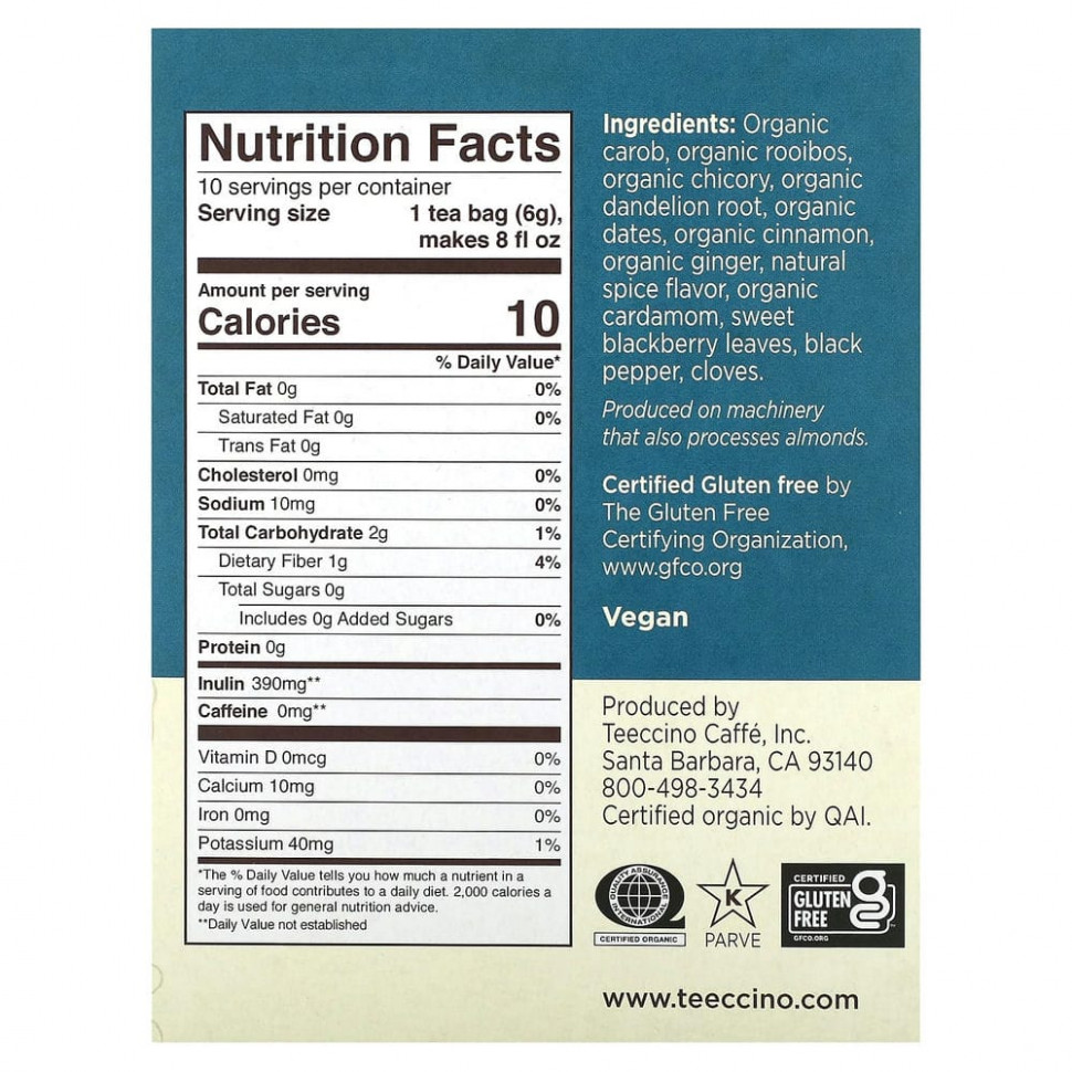 Teeccino, Травяной чай с цикорием, со вкусом ройбуша масала и одуванчика, без кофеина, 10 чайных пакетиков, 2,12 унции (60 г)
