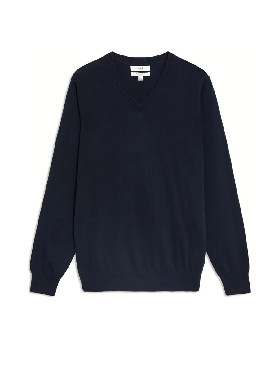 MARKS & SPENCER Men Jumpers V-Neck Pure Cotton Knitted F0_Navy