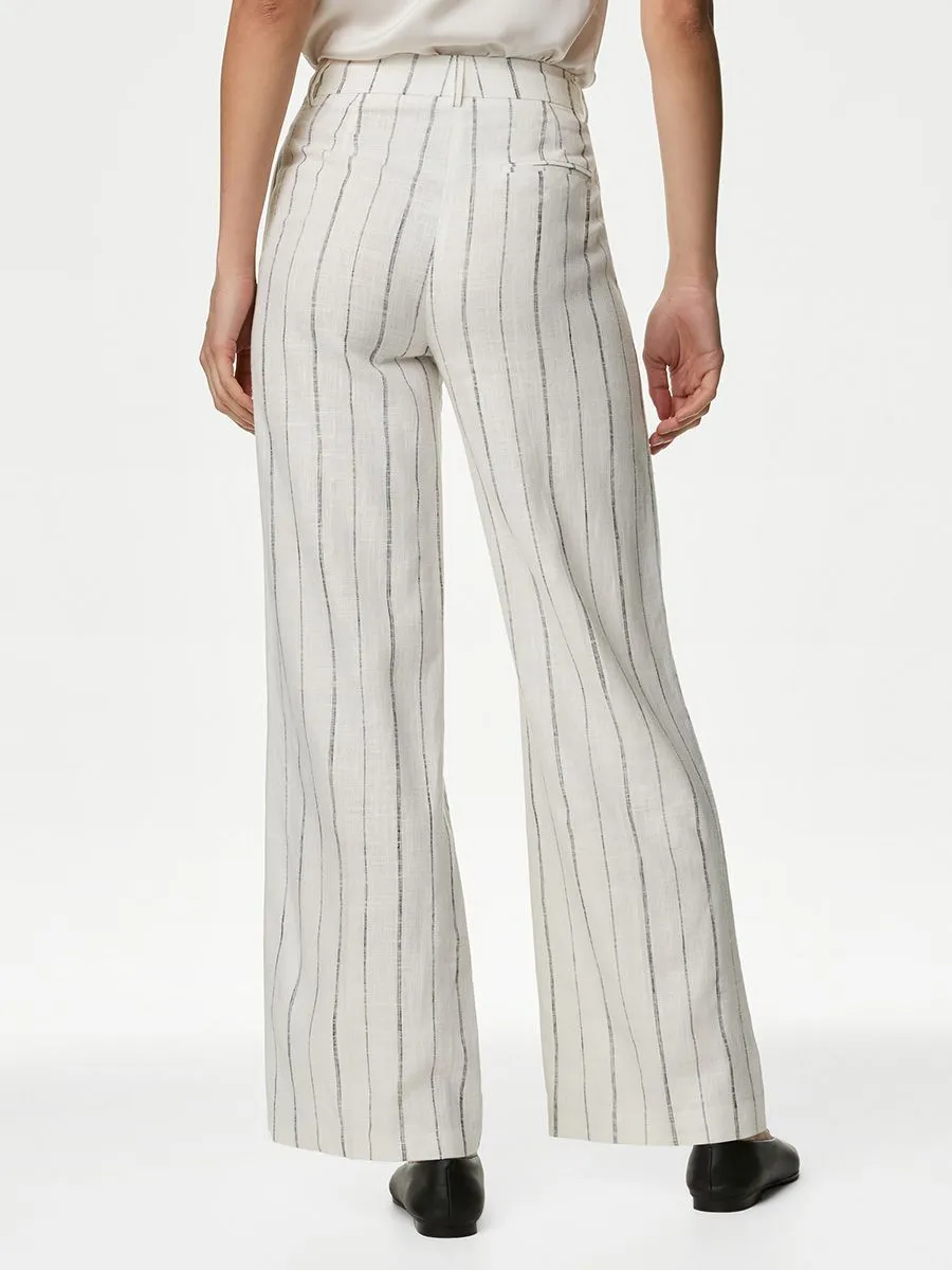 MARKS & SPENCER Women Trousers Wide Leg Linen Rich Striped Ivory Mix