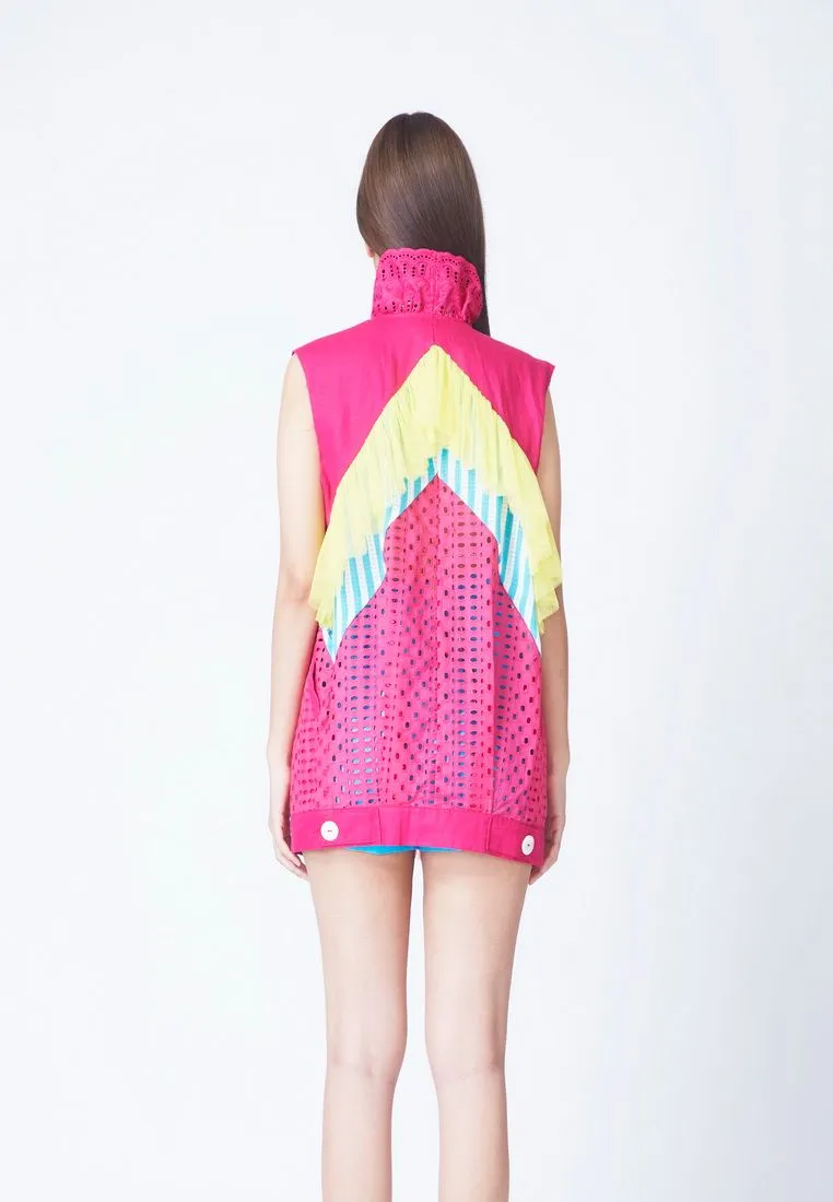 QOYA Pink MONRAK LACE WAISTCOAT IN MAGENTA (PK)