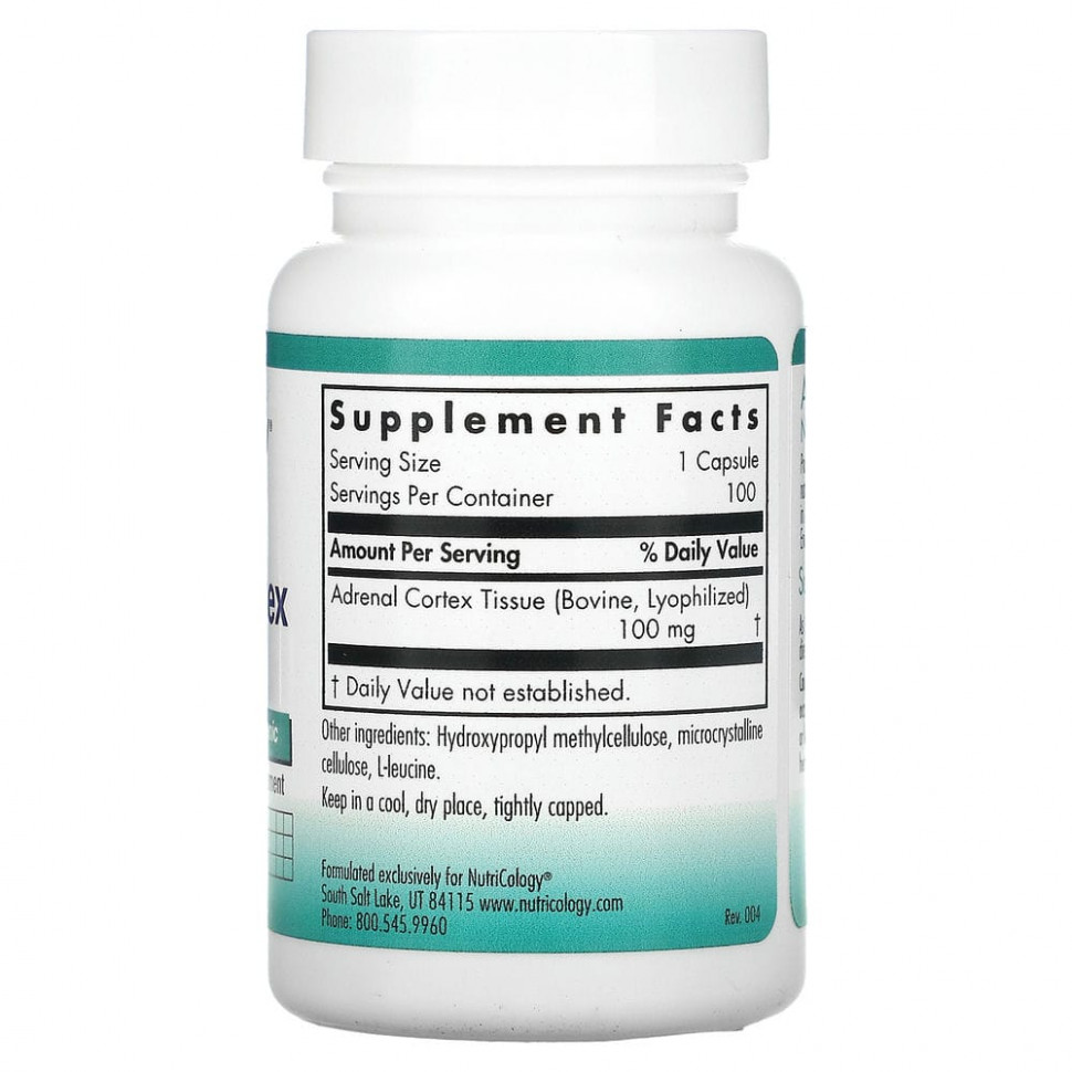 Nutricology, натуральная вытяжка из коры надпочечной железы, 100 растительных капсул