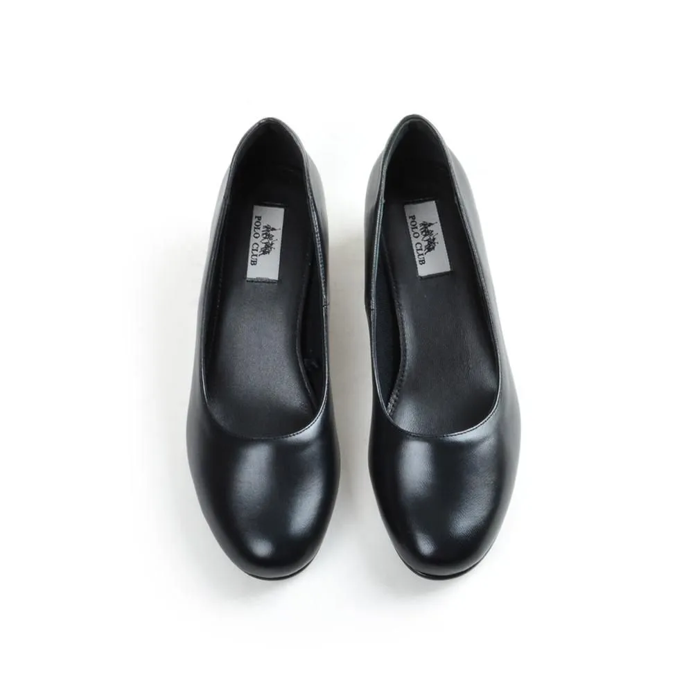 POLO CLUB Black Leather Court Shoes Rounded Toe Blocked Heel P1909