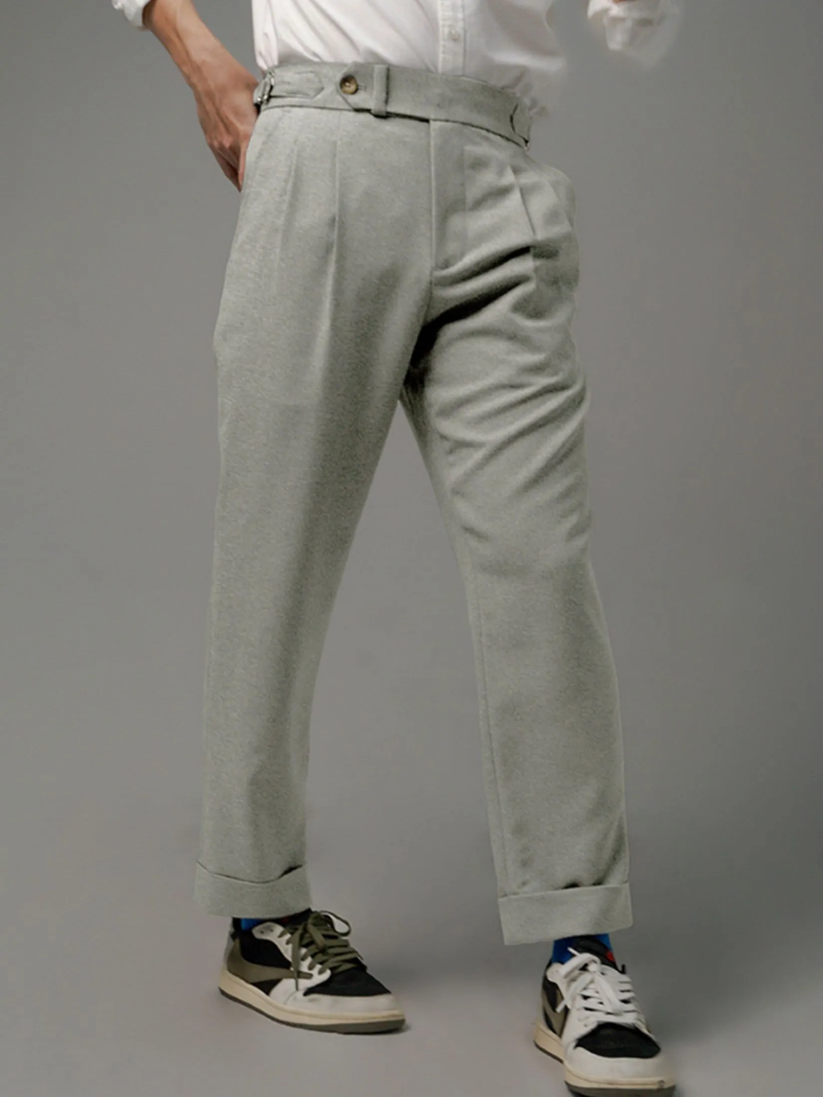 ERA-WON Men's Double belts trousers skinny crop fit Light grey